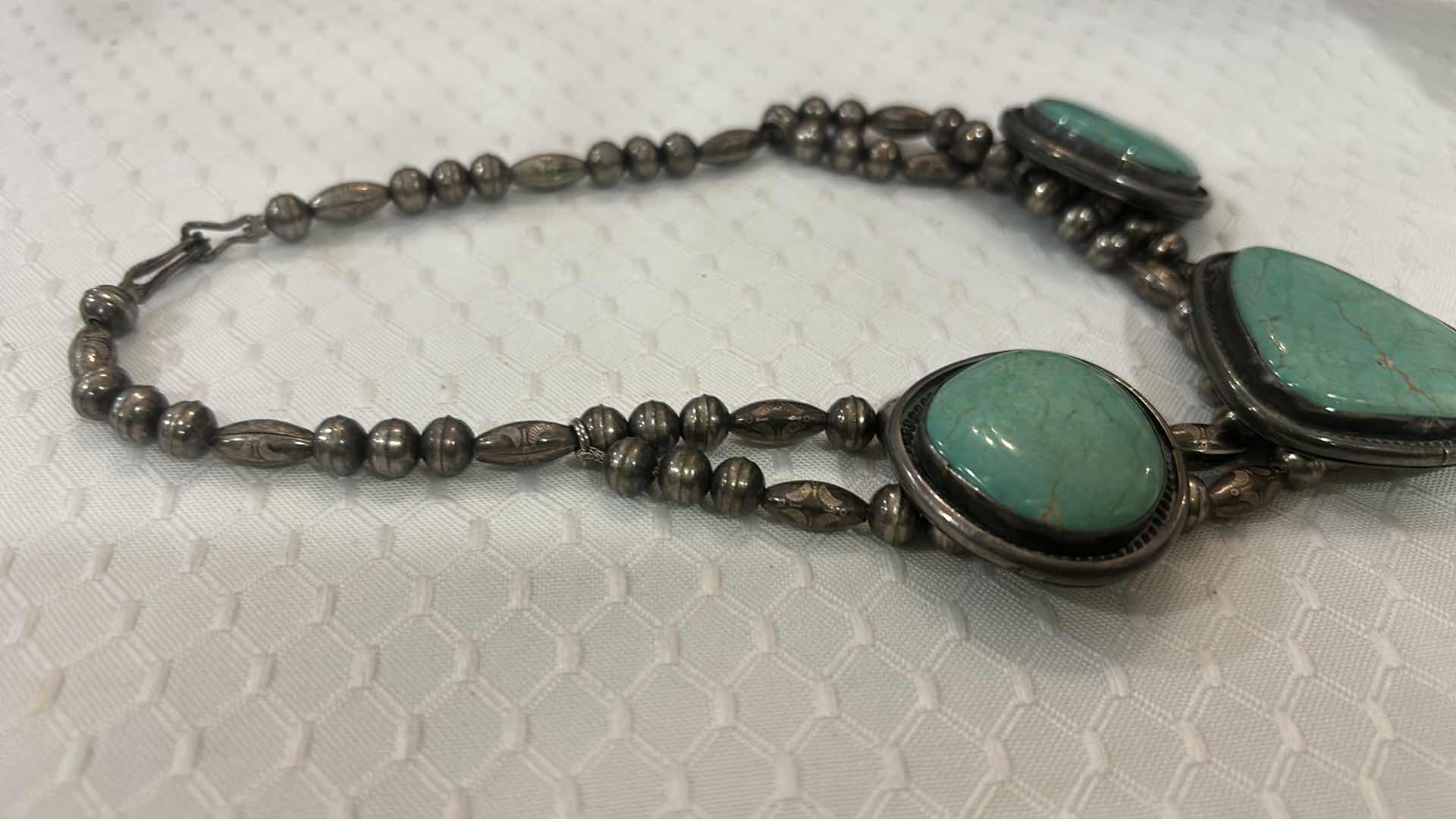 Photo 1 of STERLING SILVER BEADED CHOKER NECKLACE WITH TURQUOISE STONES (LARGEST STONE 1.5”
