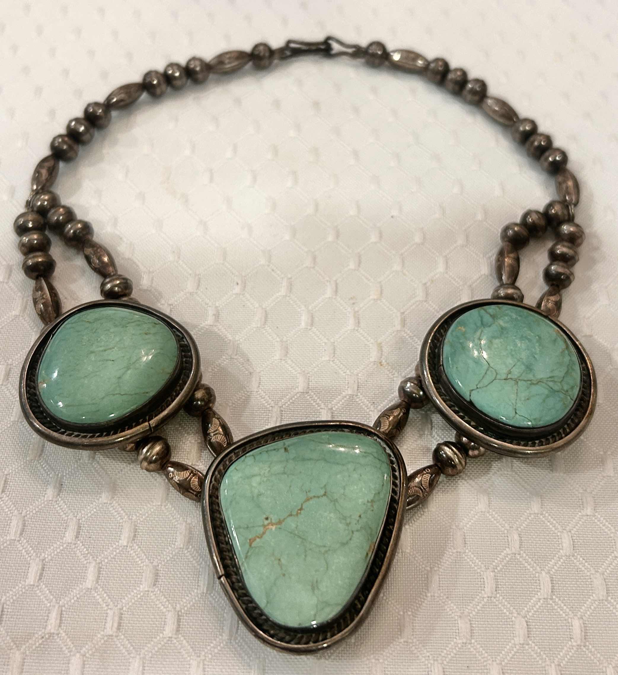 Photo 1 of STERLING SILVER BEADED CHOKER NECKLACE WITH TURQUOISE STONES (LARGEST STONE 1.5”