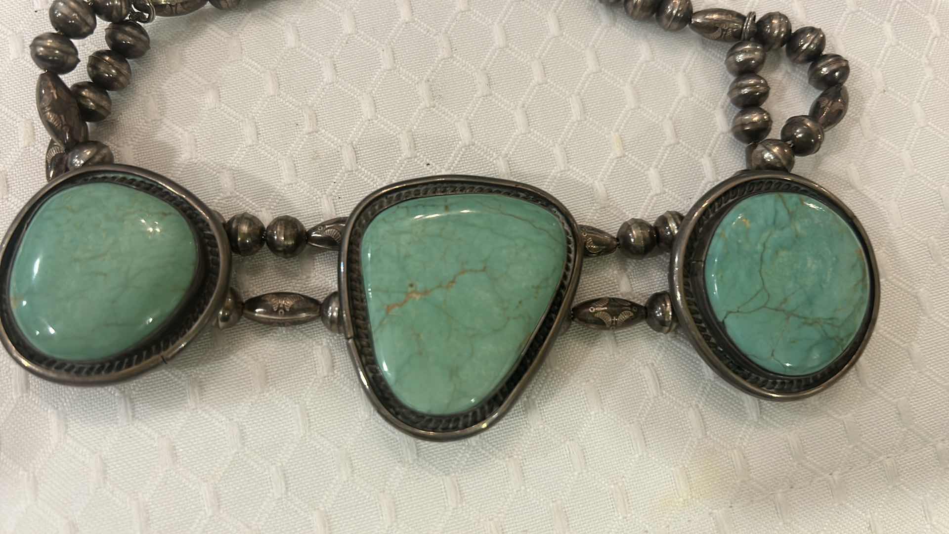 Photo 1 of STERLING SILVER BEADED CHOKER NECKLACE WITH TURQUOISE STONES (LARGEST STONE 1.5”