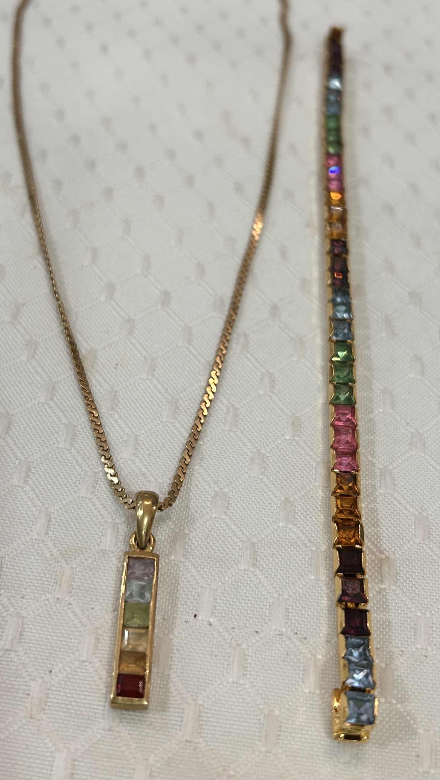 Photo 1 of 14K GOLD FROM ITALY, NECKLACE 17” PENDANT 1.25” WITH GEMSTONES AND 14K GOLD FROM ITALY GEMSTONE BRACELET 6” Est value $1800 - 3200
