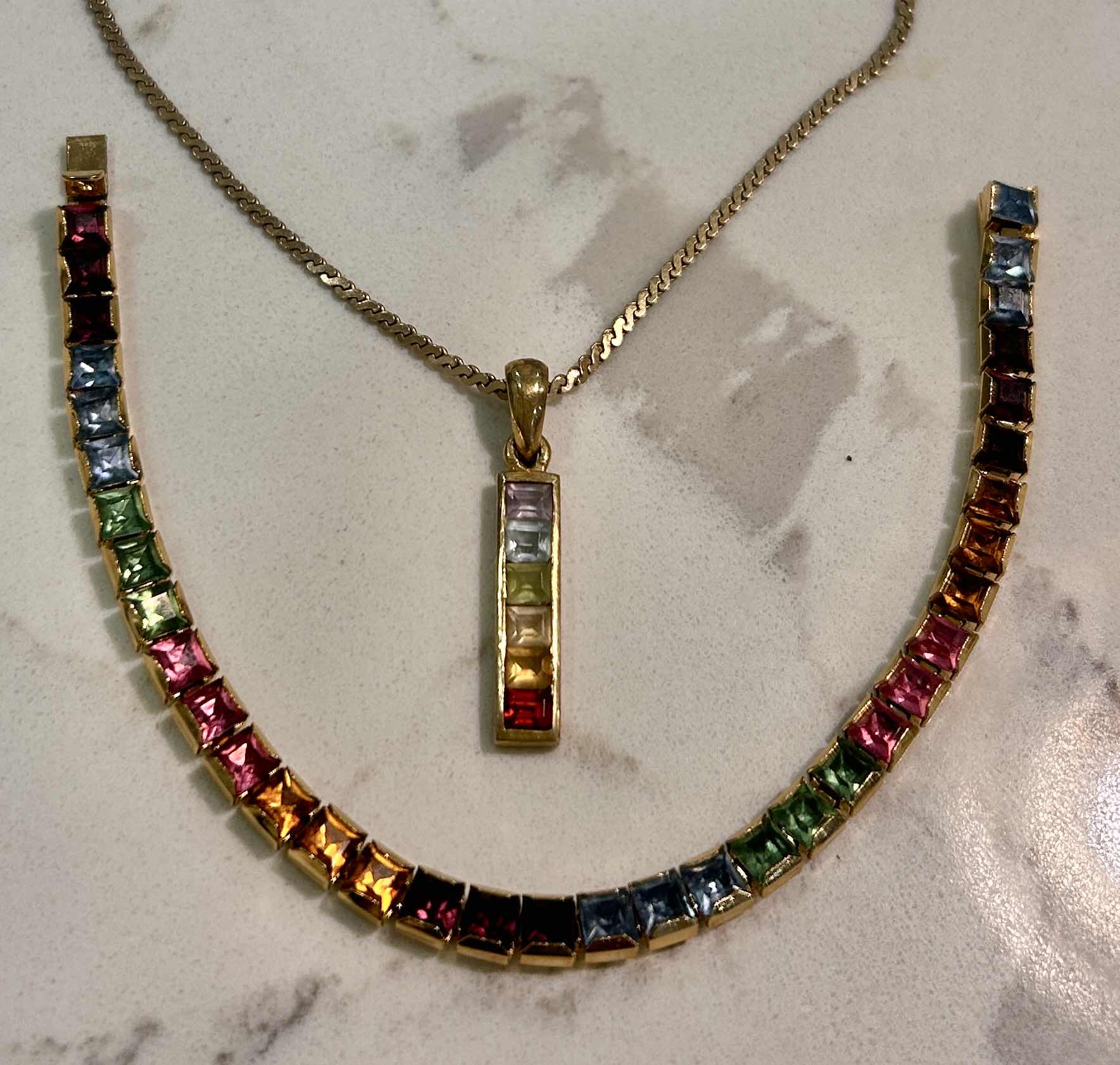 Photo 1 of 14K GOLD FROM ITALY, NECKLACE 17” PENDANT 1.25” WITH GEMSTONES AND 14K GOLD FROM ITALY GEMSTONE BRACELET 6” Est value $1800 - 3200