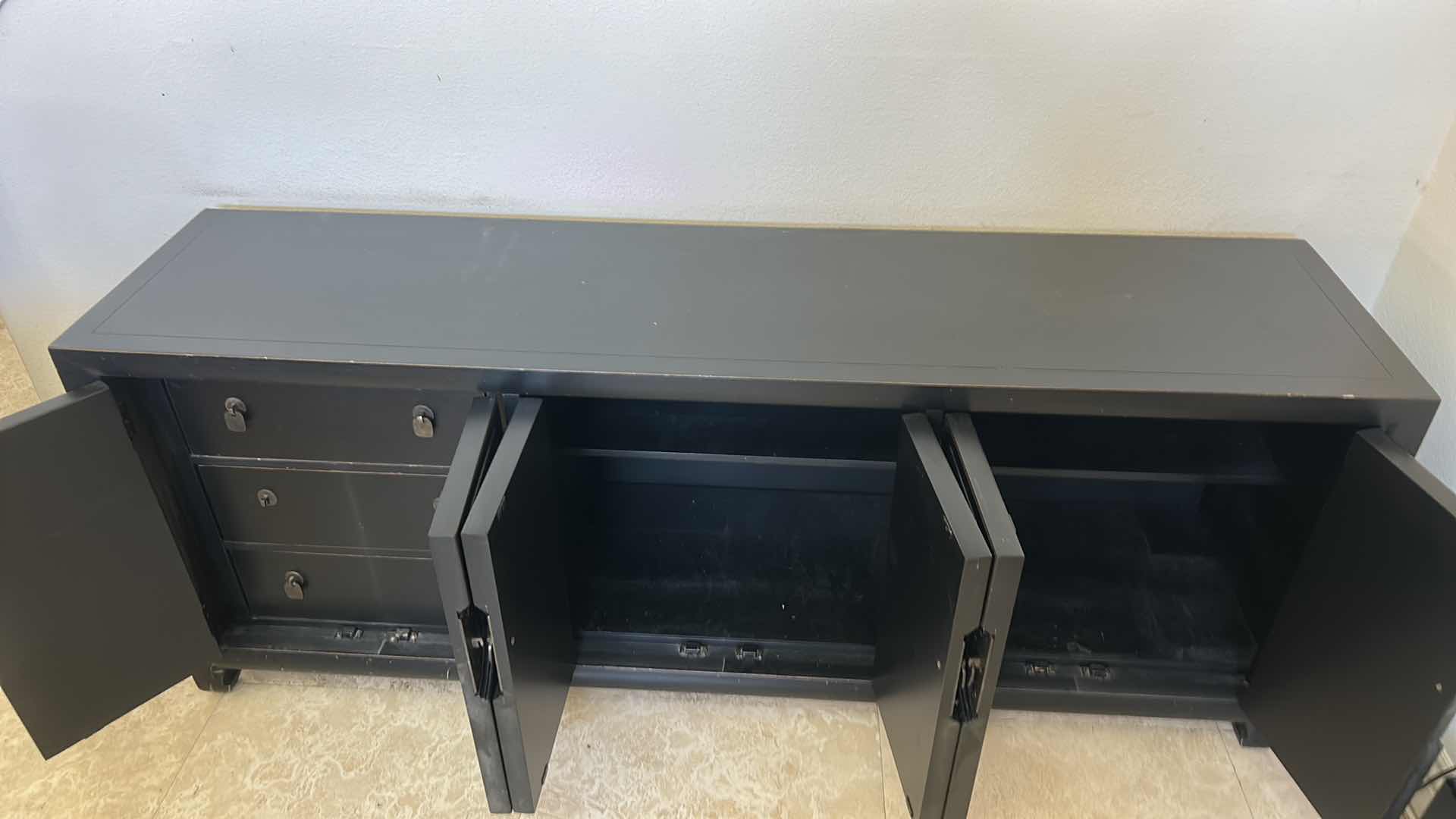 Photo 5 of CENTURY ASIAN INSPIRED DARK WOOD CABINET/DRESSER/BUFFET WITH METAL HARDWARE 76 1/2“ x 19“ x H30 1/4”