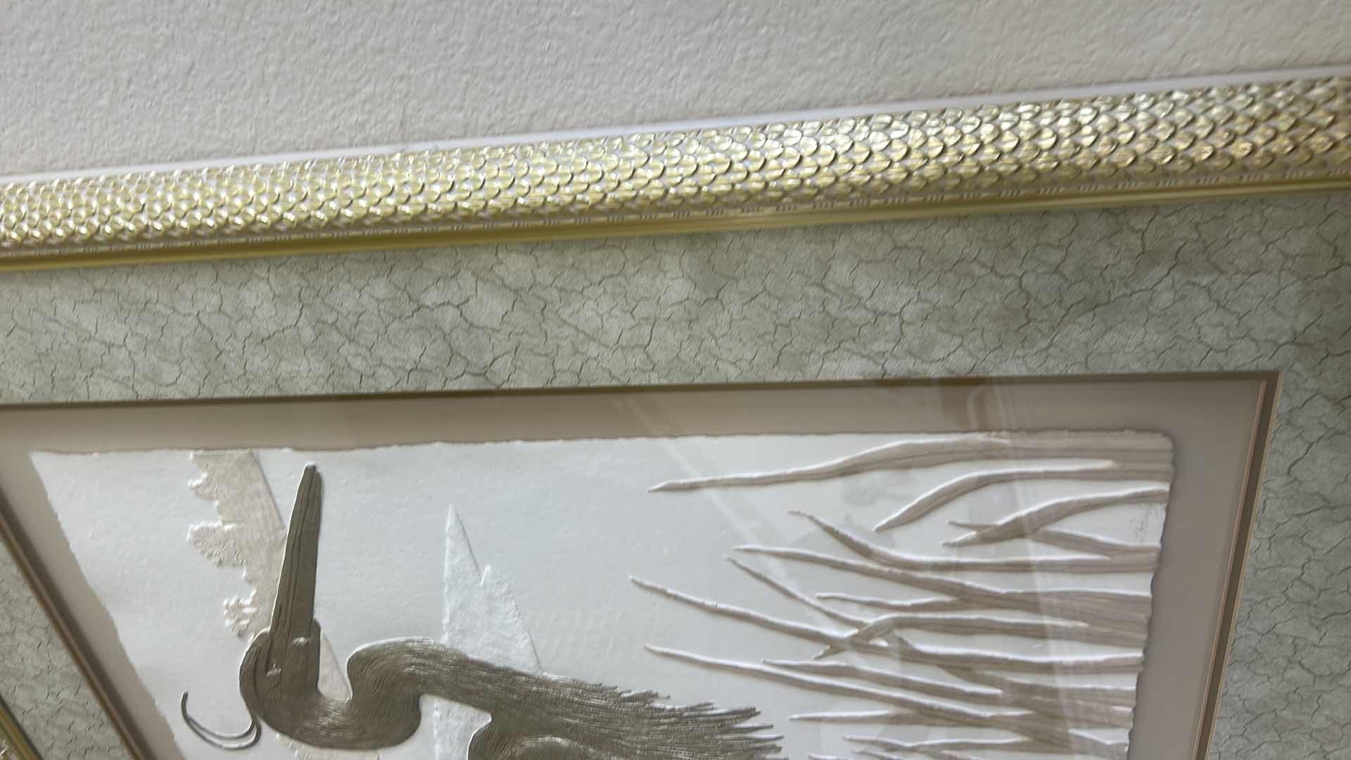 Photo 1 of GOLD AND WHITE FRAMED CAST PAPER  RELIEF SCULPTURE 
SIGNED “L PANDY” EGRET 3D ARTWORK 35 1/4” x H43 1/4”