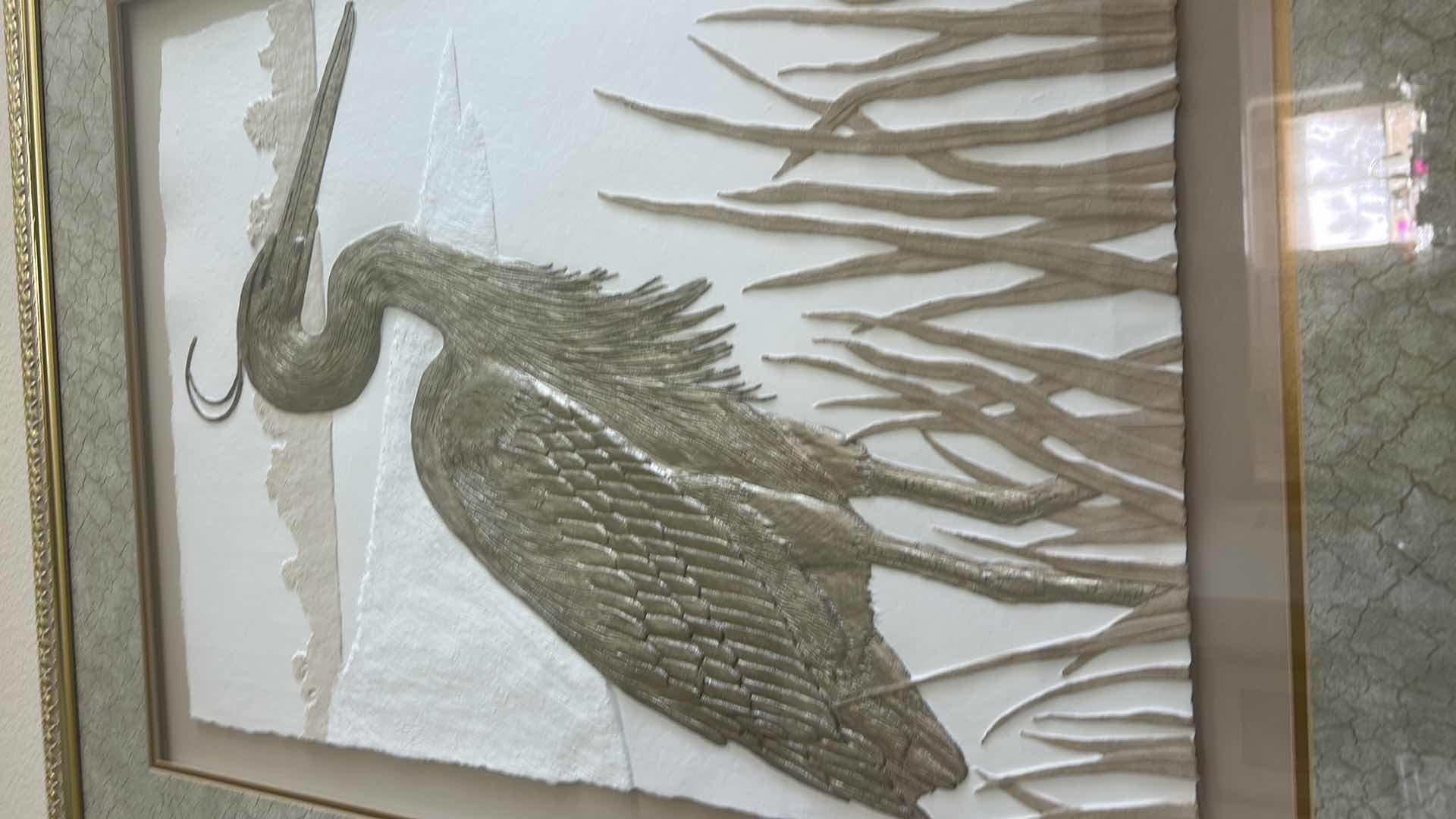 Photo 1 of GOLD AND WHITE FRAMED CAST PAPER  RELIEF SCULPTURE 
SIGNED “L PANDY” EGRET 3D ARTWORK 35 1/4” x H43 1/4”