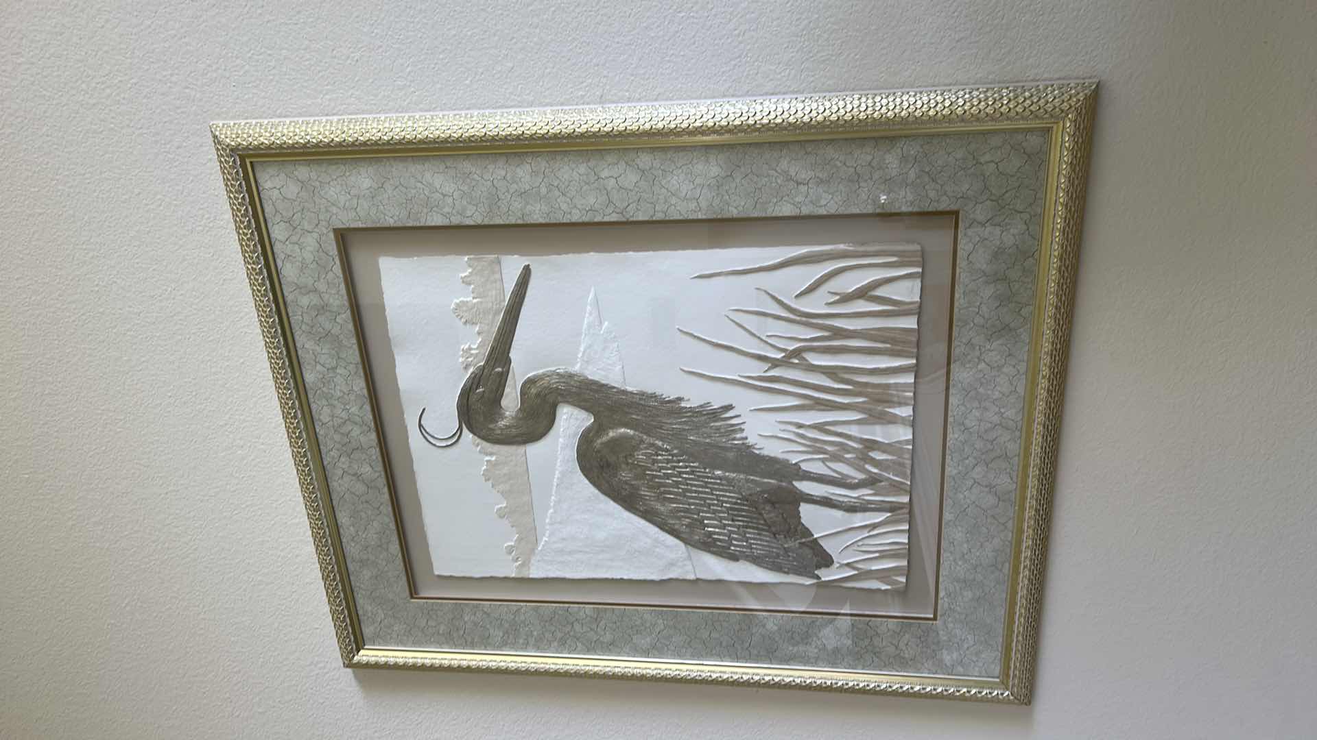 Photo 1 of GOLD AND WHITE FRAMED CAST PAPER  RELIEF SCULPTURE 
SIGNED “L PANDY” EGRET 3D ARTWORK 35 1/4” x H43 1/4”