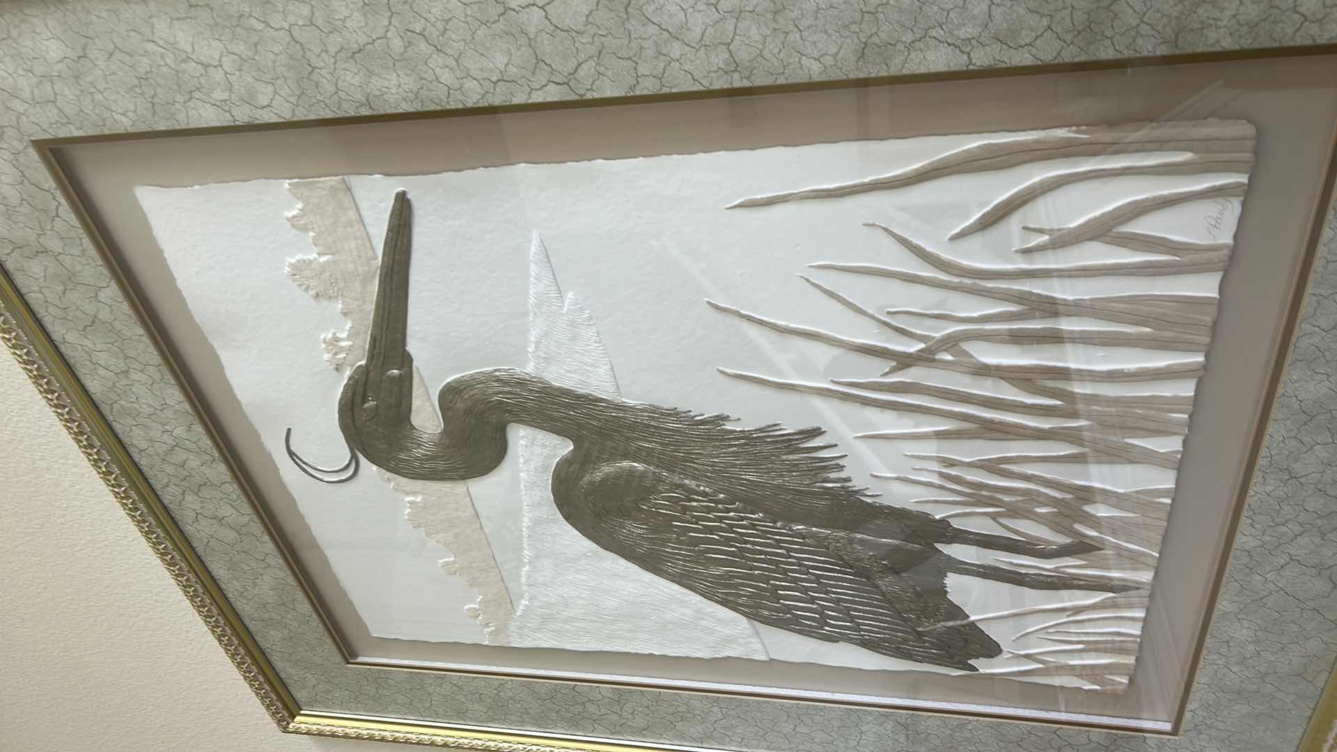 Photo 1 of GOLD AND WHITE FRAMED CAST PAPER  RELIEF SCULPTURE 
SIGNED “L PANDY” EGRET 3D ARTWORK 35 1/4” x H43 1/4”