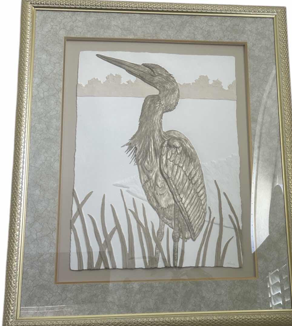 Photo 1 of GOLD AND WHITE FRAMED CAST PAPER  RELIEF SCULPTURE 
SIGNED “L PANDY” EGRET 3D ARTWORK 35 1/4” x H43 1/4” (LISTED ON EBAY FOR $175)