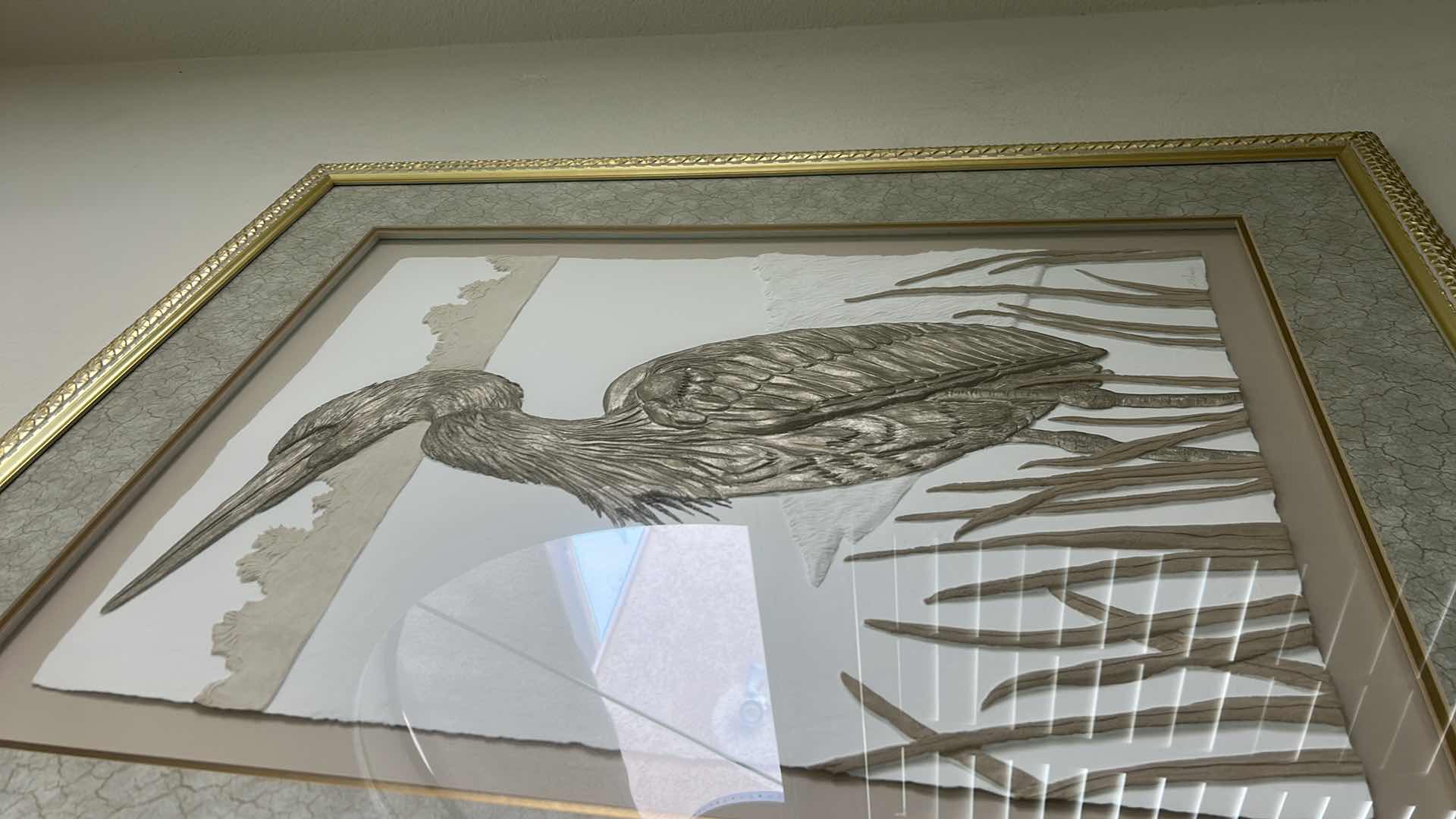 Photo 4 of GOLD AND WHITE FRAMED CAST PAPER  RELIEF SCULPTURE 
SIGNED “L PANDY” EGRET 3D ARTWORK 35 1/4” x H43 1/4” (LISTED ON EBAY FOR $175)