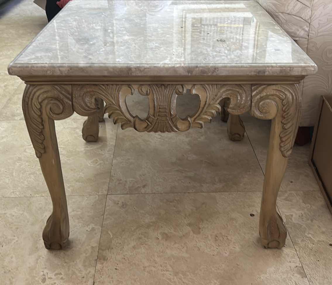 Photo 2 of ORNATE SQUARE BISQUE AND STONE MARBLE TOP END TABLE 29” x H24 1/2”