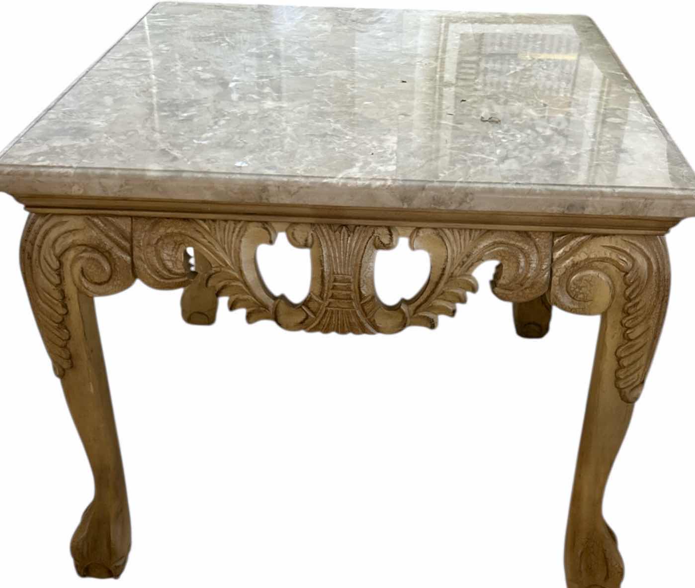 Photo 1 of ORNATE SQUARE BISQUE AND STONE MARBLE TOP END TABLE 29” x H24 1/2”