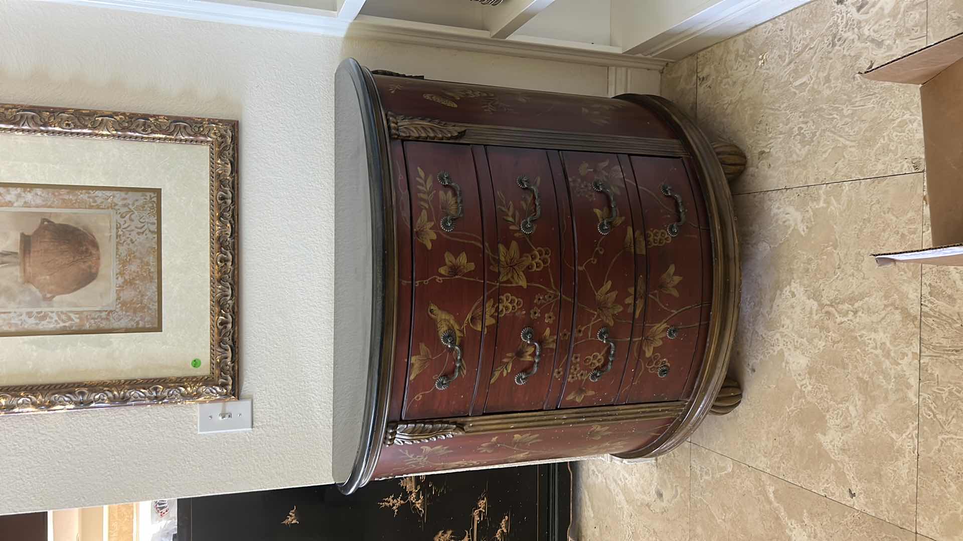 Photo 1 of PRESTIGE CHINOISERIE STYLE DEMILUNE COMMODE CHEST, HAND-PAINTED CABINET 38 x 18 1/2 x H34 1/2” $850