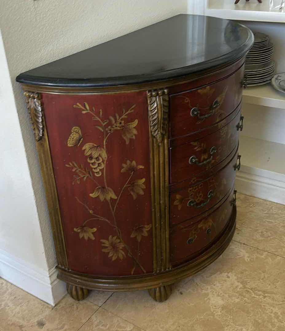 Photo 1 of PRESTIGE CHINOISERIE STYLE DEMILUNE COMMODE CHEST, HAND-PAINTED CABINET 38 x 18 1/2 x H34 1/2” $850