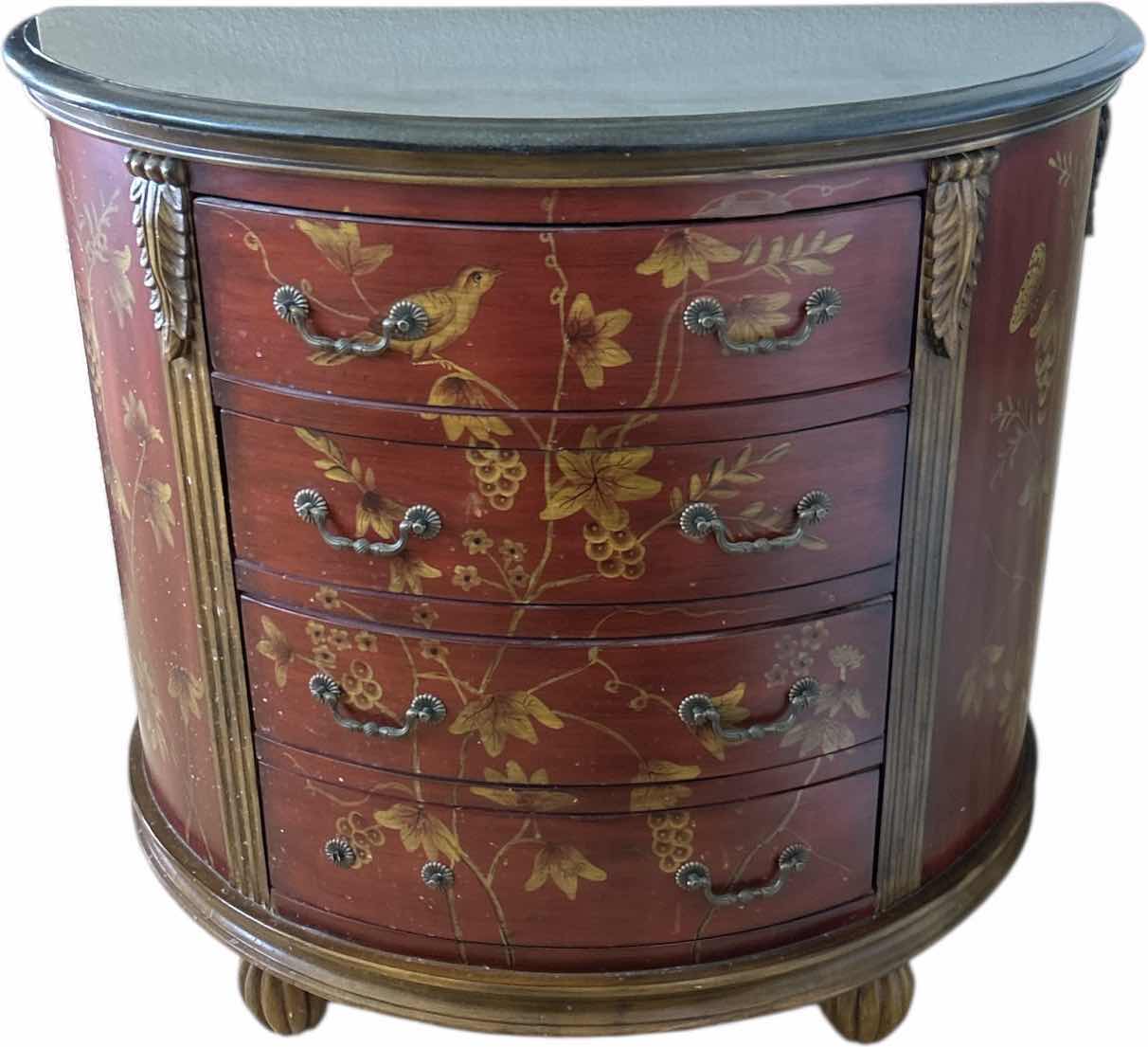 Photo 1 of PRESTIGE CHINOISERIE STYLE DEMILUNE COMMODE CHEST, HAND-PAINTED CABINET 38 x 18 1/2 x H34 1/2” $850