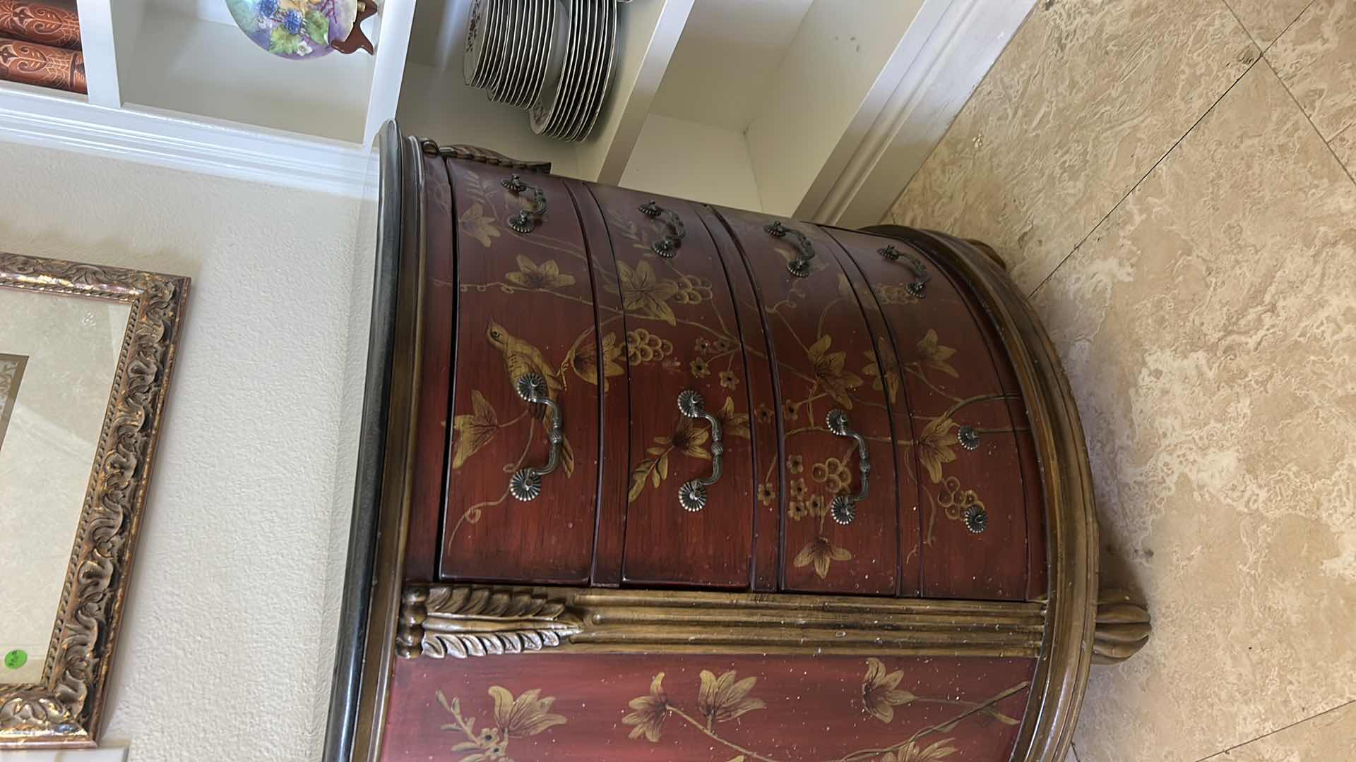 Photo 1 of PRESTIGE CHINOISERIE STYLE DEMILUNE COMMODE CHEST, HAND-PAINTED CABINET 38 x 18 1/2 x H34 1/2” $850