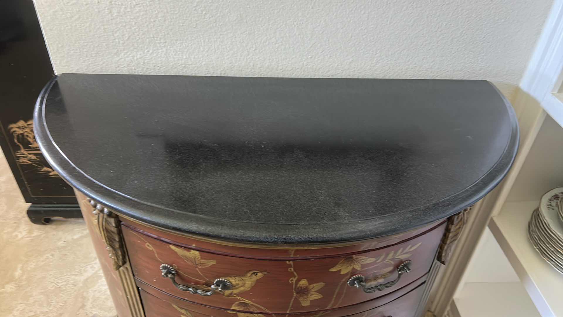 Photo 1 of PRESTIGE CHINOISERIE STYLE DEMILUNE COMMODE CHEST, HAND-PAINTED CABINET 38 x 18 1/2 x H34 1/2” $850