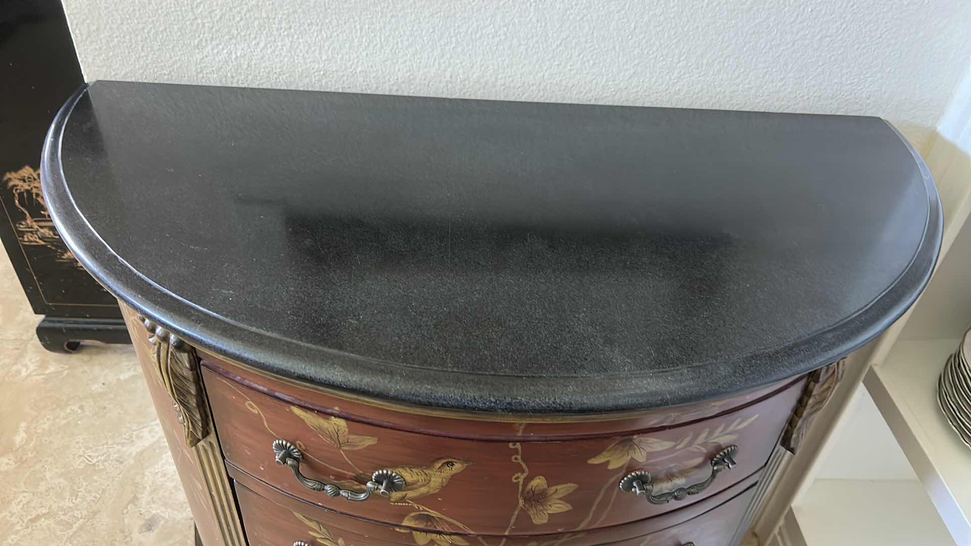 Photo 1 of PRESTIGE CHINOISERIE STYLE DEMILUNE COMMODE CHEST, HAND-PAINTED CABINET 38 x 18 1/2 x H34 1/2” $850