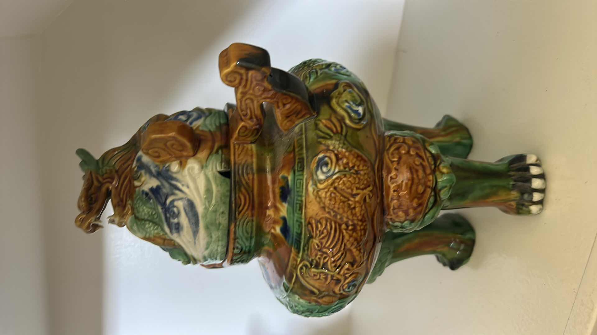 Photo 1 of CHINESE ANTIQUE CLOISONNÉ TRIPOF CENSER WITH FU-DOGS AND DRAGON. H12”