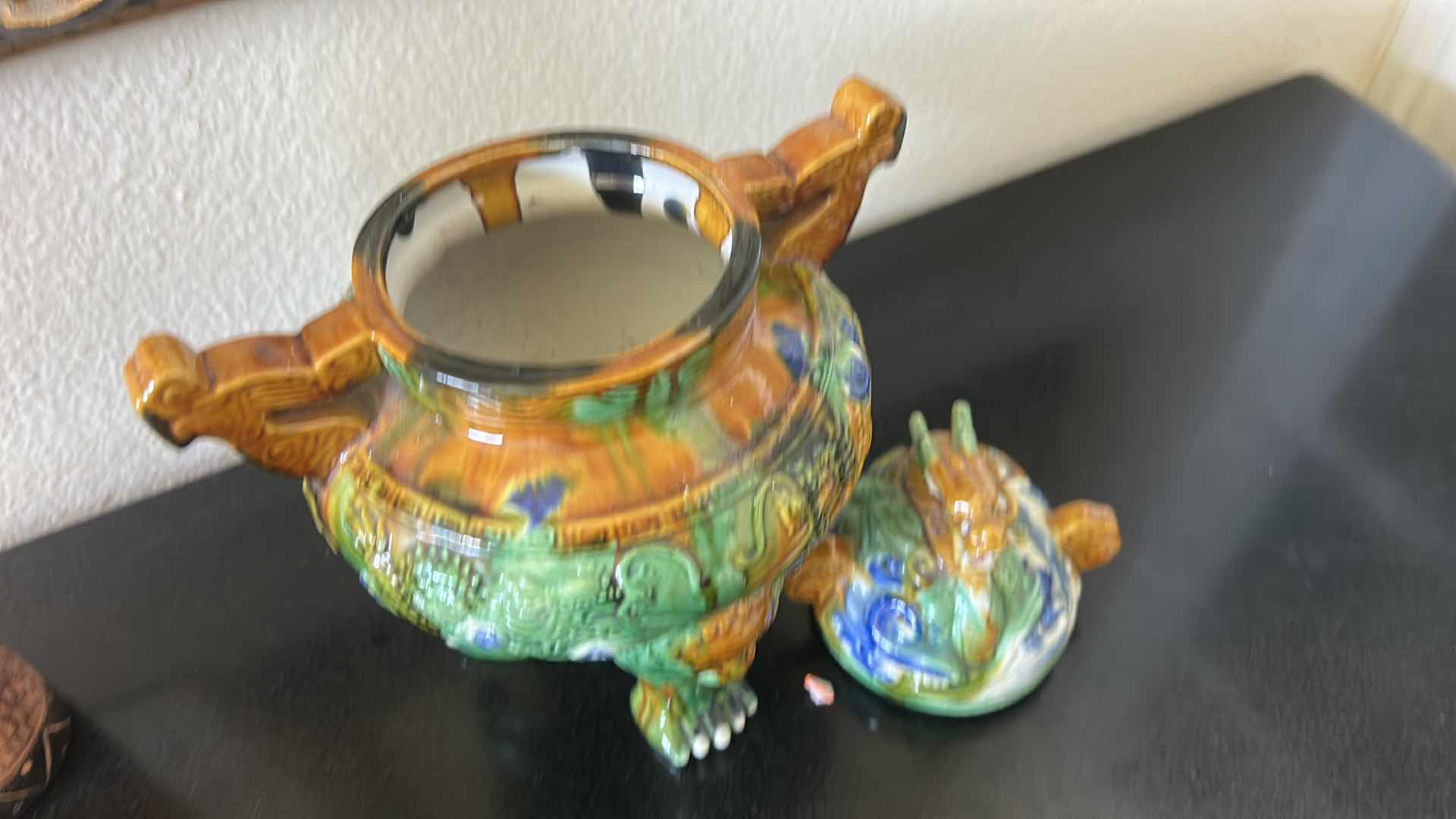 Photo 1 of CHINESE ANTIQUE CLOISONNÉ TRIPOF CENSER WITH FU-DOGS AND DRAGON. H12”