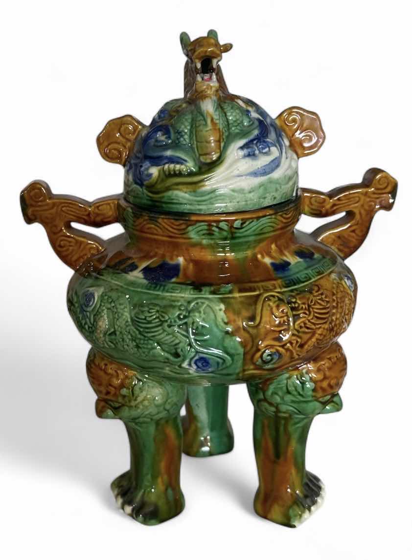 Photo 1 of CHINESE ANTIQUE CLOISONNÉ TRIPOF CENSER WITH FU-DOGS AND DRAGON. H12”