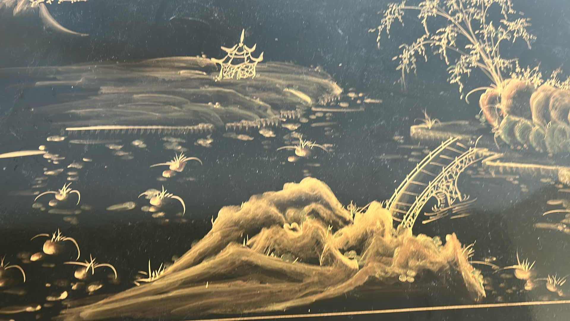 Photo 5 of BLACK LACQUER CHINOISERIE CABINET W TRADITIONAL EAST ASIAN GOLD LEAF DETAILS 41" X 14" H 48" 