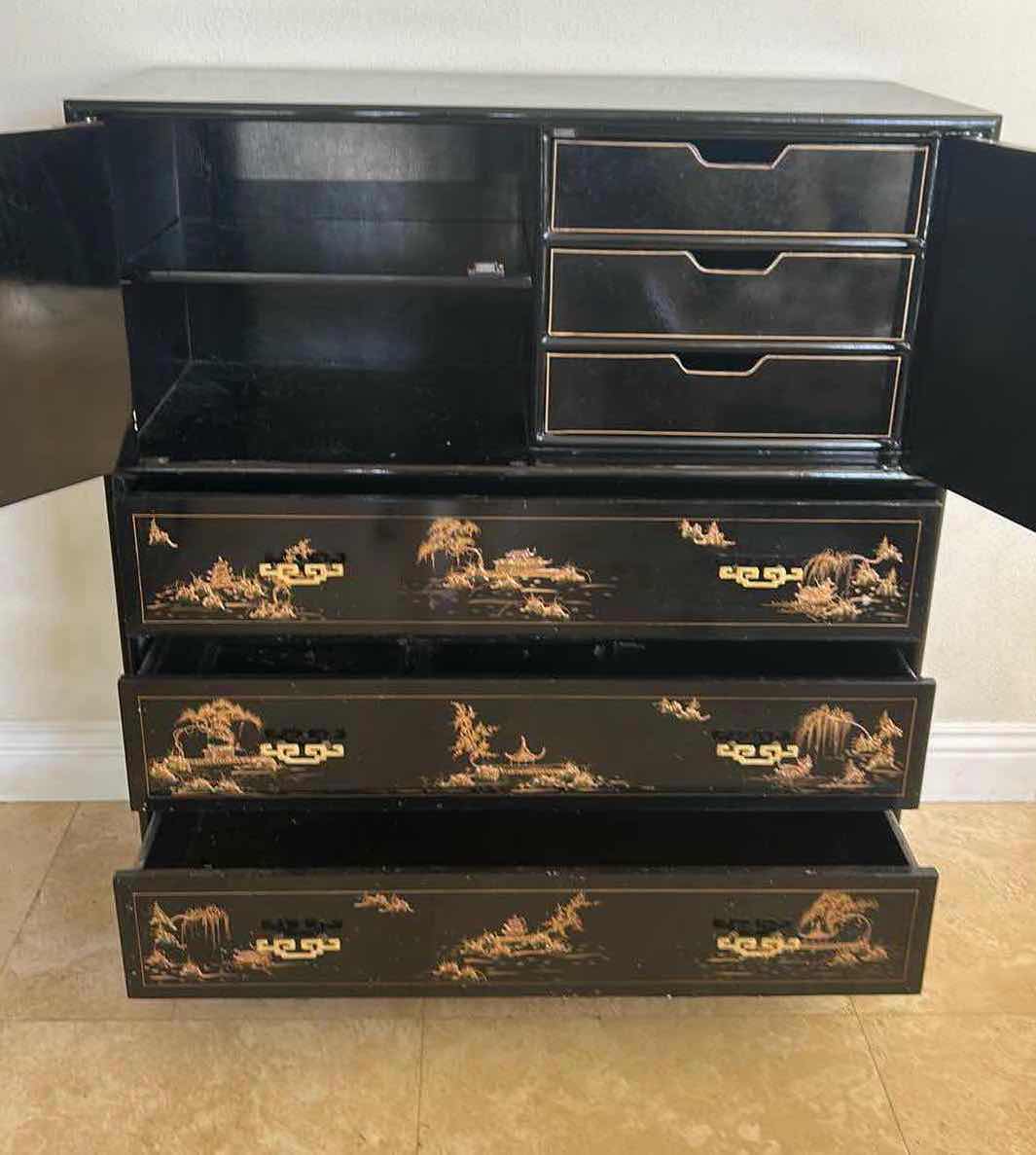 Photo 1 of BLACK LACQUER CHINOISERIE CABINET W TRADITIONAL EAST ASIAN GOLD LEAF DETAILS 41" X 14" H 48" 