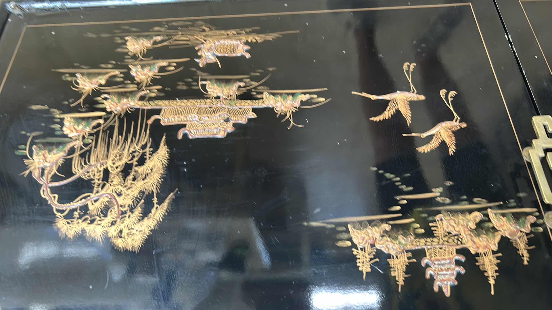 Photo 4 of BLACK LACQUER CHINOISERIE CABINET W TRADITIONAL EAST ASIAN GOLD LEAF DETAILS 41" X 14" H 48" 