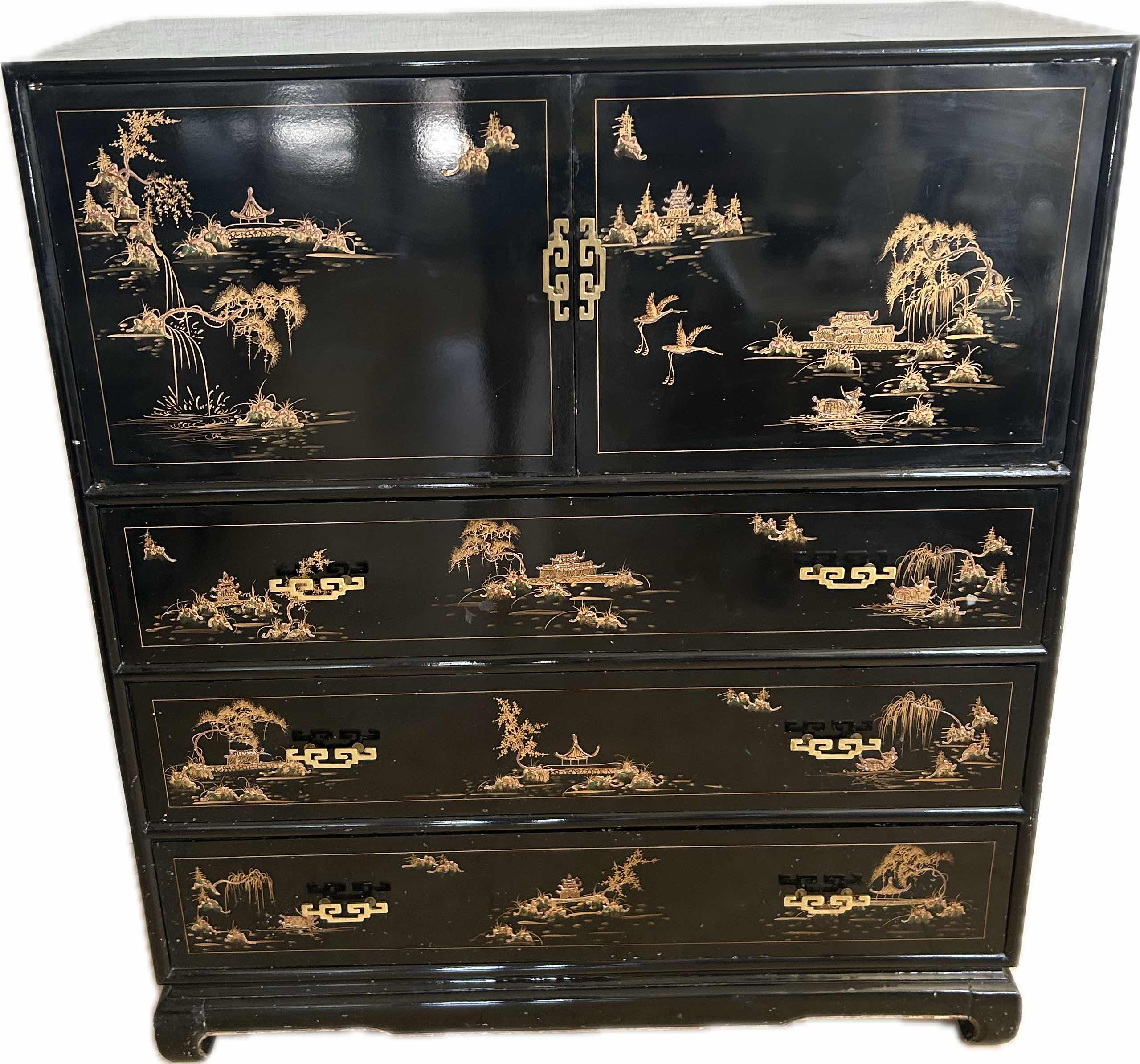 Photo 1 of BLACK LACQUER CHINOISERIE CABINET W TRADITIONAL EAST ASIAN GOLD LEAF DETAILS 41" X 14" H 48" 