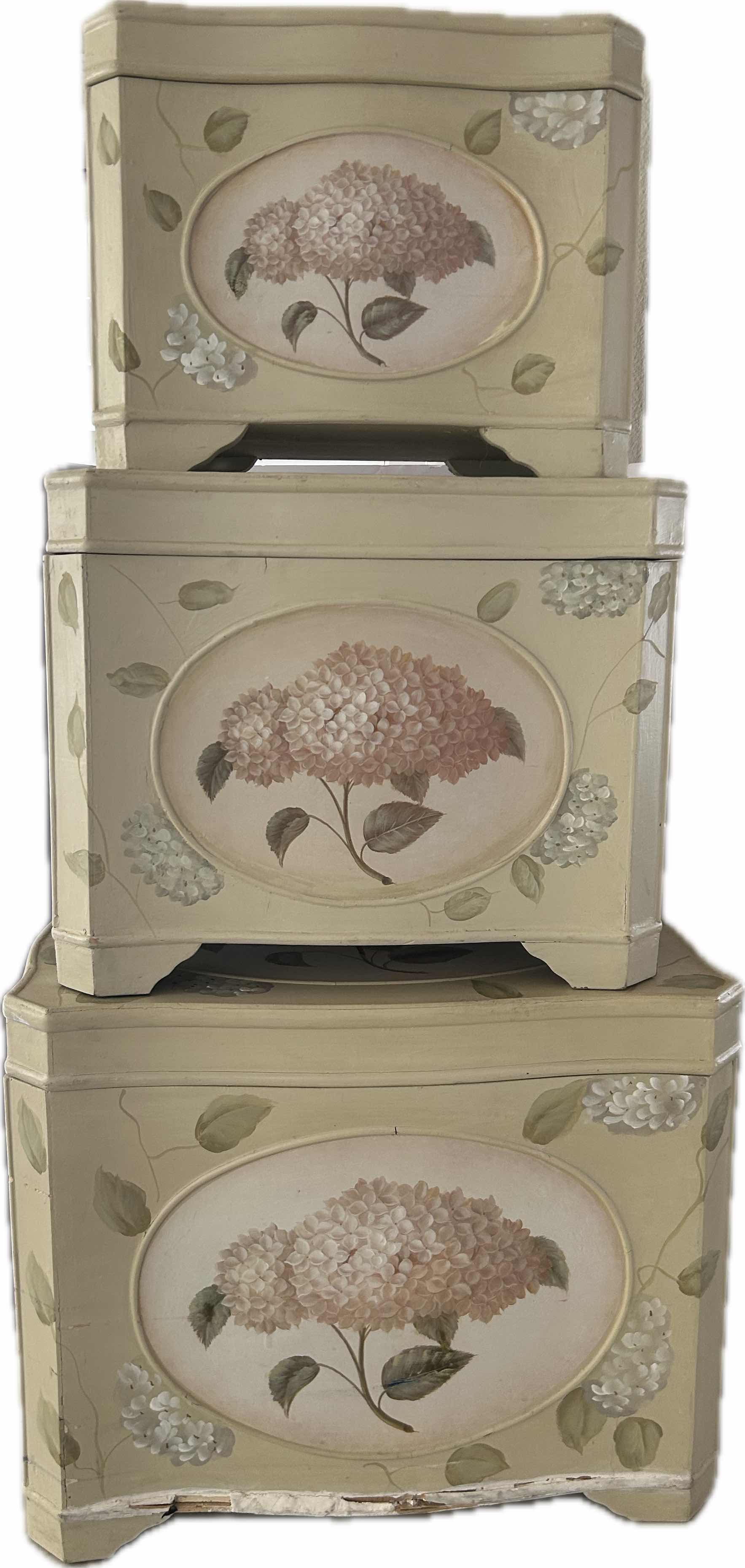 Photo 1 of 3 - HAND PAINTED FRENCH PROVINCIAL NESTING CHESTS W  HYDRANGEAS H 19" 15" 11"