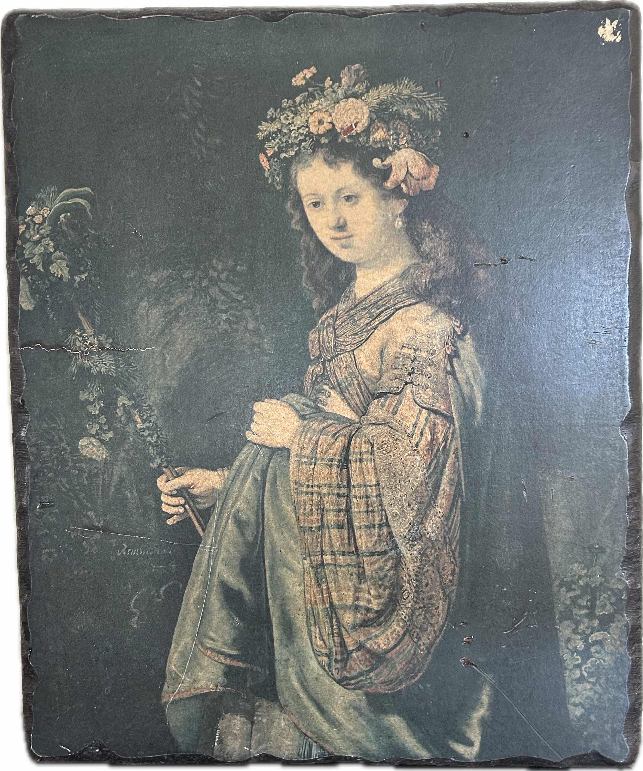 Photo 1 of "FLORA"  BY REMBRANDT ON WOOD 17" X 20" SOME DAMAGE SHOWN