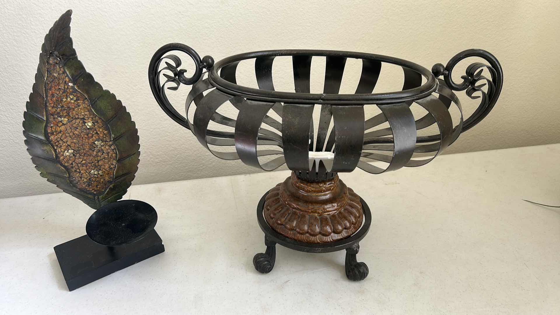 Photo 1 of 2 PC METAL AND WOOD HOME DECOR, CANDLE HOLDER H16”