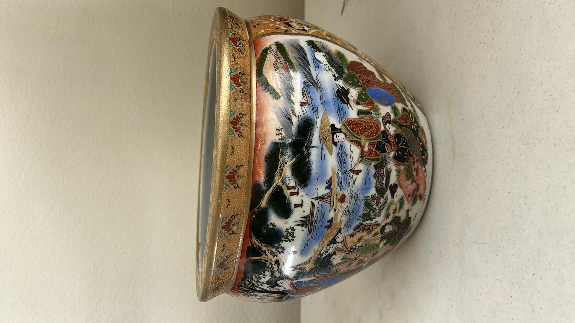 Photo 4 of LATE 20TH CENTURY CHINOISERIE SATSUMA STYLE FISH BOWL PLANTER  12” x H9” $200