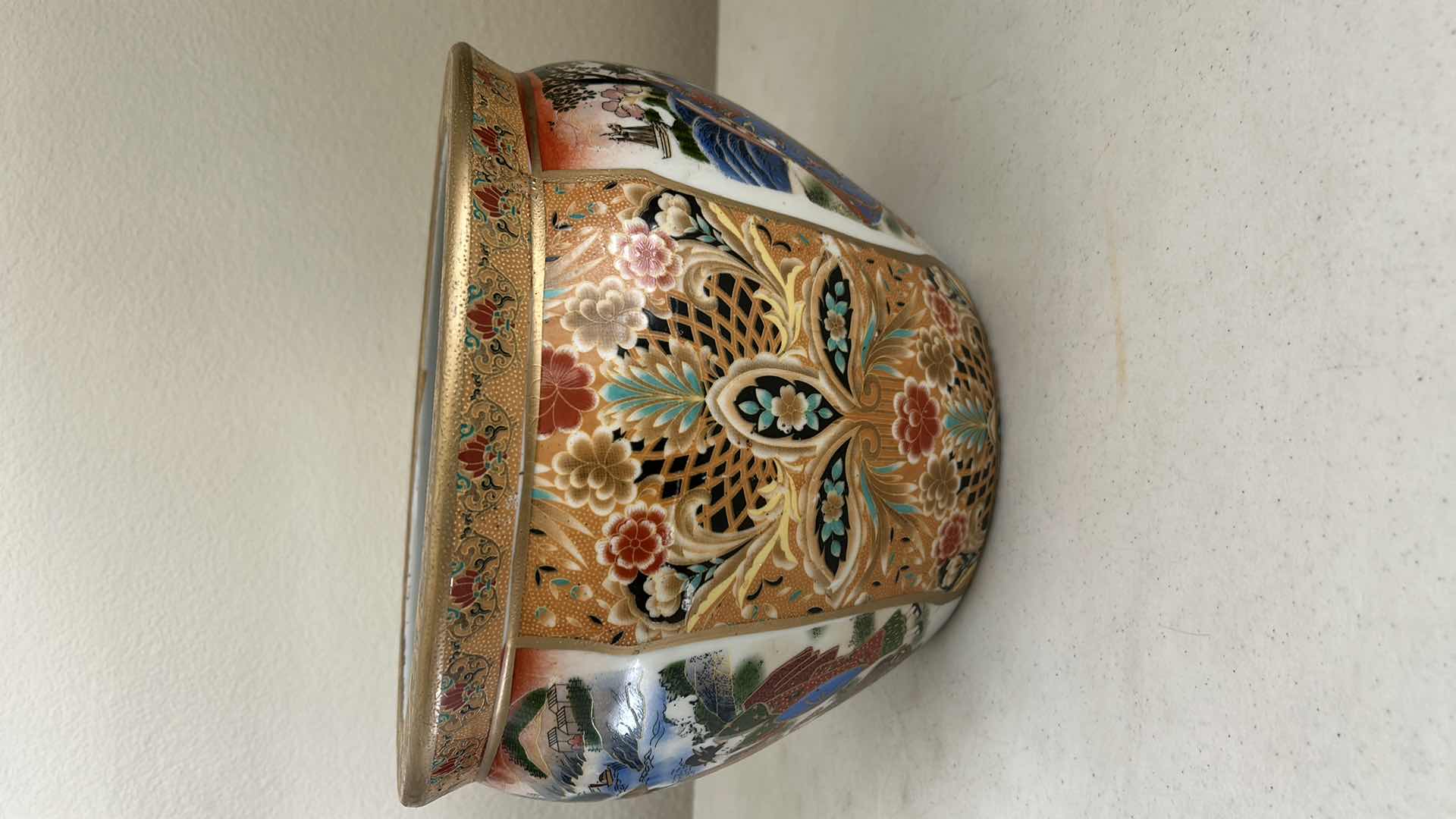 Photo 3 of LATE 20TH CENTURY CHINOISERIE SATSUMA STYLE FISH BOWL PLANTER  12” x H9” $200