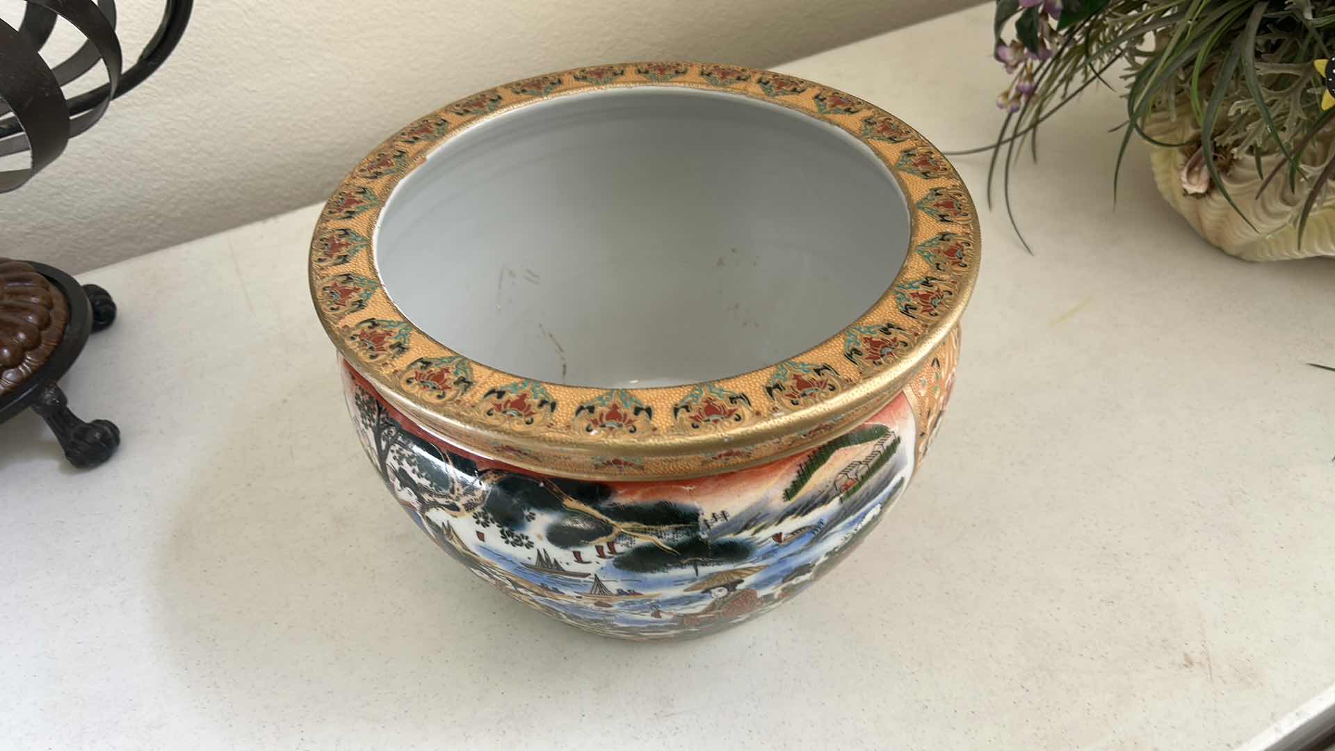 Photo 5 of LATE 20TH CENTURY CHINOISERIE SATSUMA STYLE FISH BOWL PLANTER  12” x H9” $200