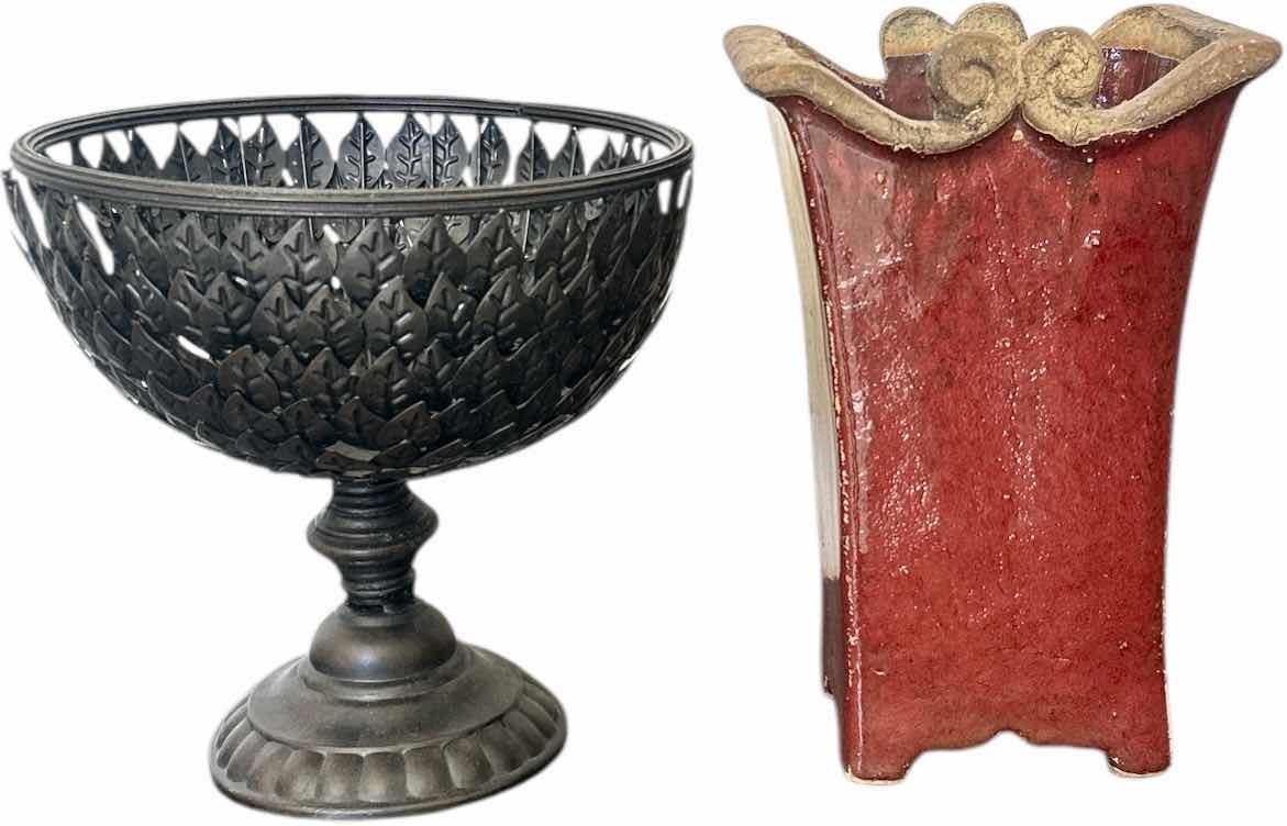 Photo 1 of 2 PC HOME DECOR- METAL BASKET AND GLAZED POTTERY VASE H12”