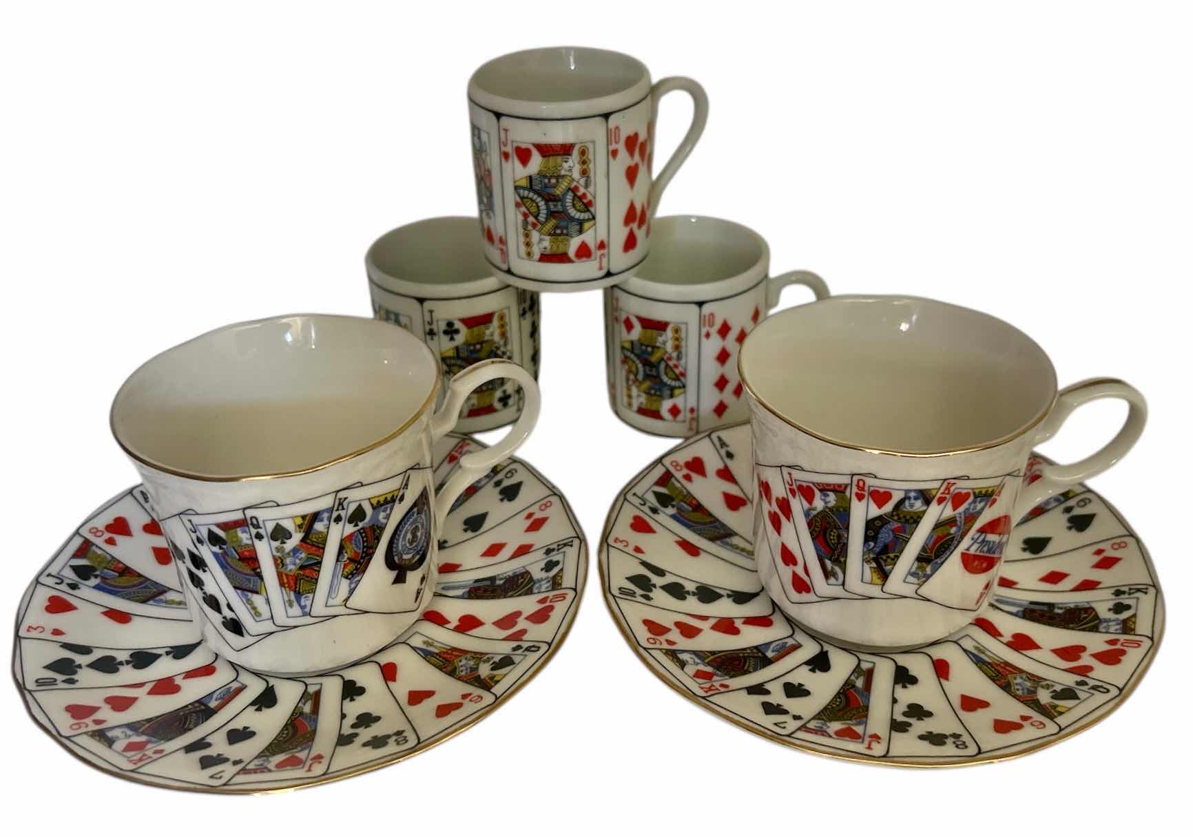Photo 1 of 2 EA  DEMITASSE CUPS AND SAUCERS, PLAYING CARD PATTERN . & 3 MORE CUPS