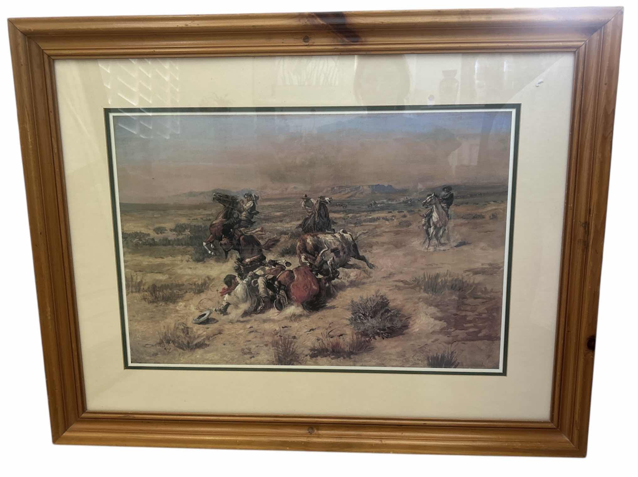 Photo 1 of FRAMED PRINT OF “THE STRENUOUS LIFE” BY CHARLES MARION RUSSELL 
35” x  H27 1/2” DAMAGE SHOWN