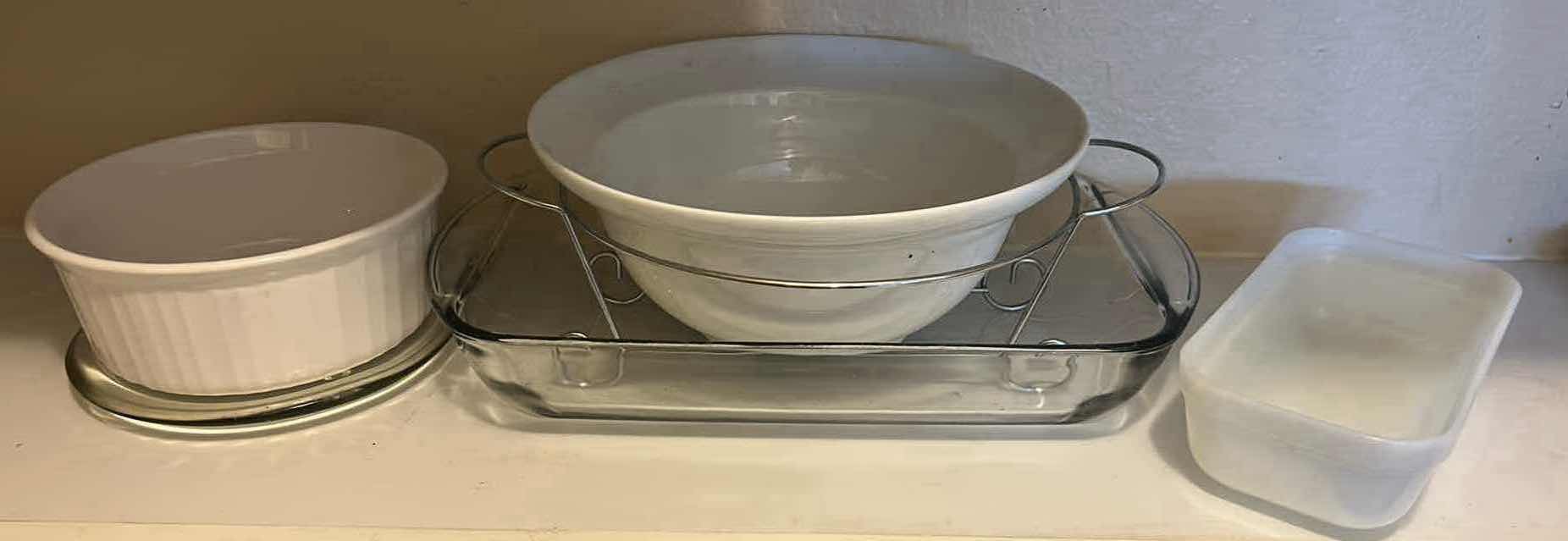 Photo 1 of CONTENTS OF SHELF PYREX BAKE WHITE BOWL