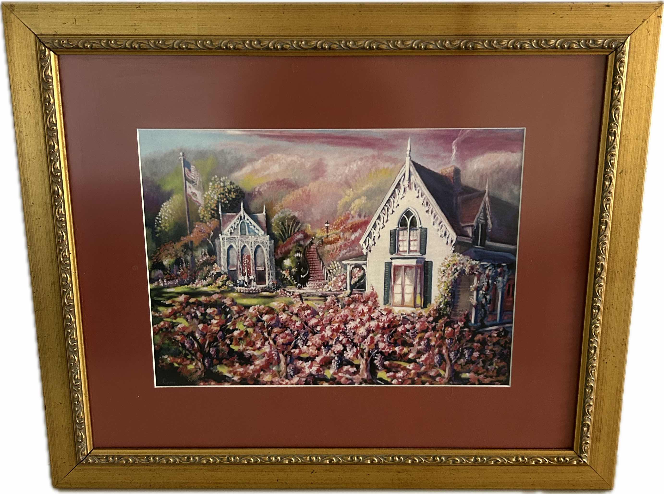 Photo 1 of FRAMED ART "OLD CHURCH HORSE BUGGY FLOWERS COUNTRY LANDSCAPE"  23" X 20"