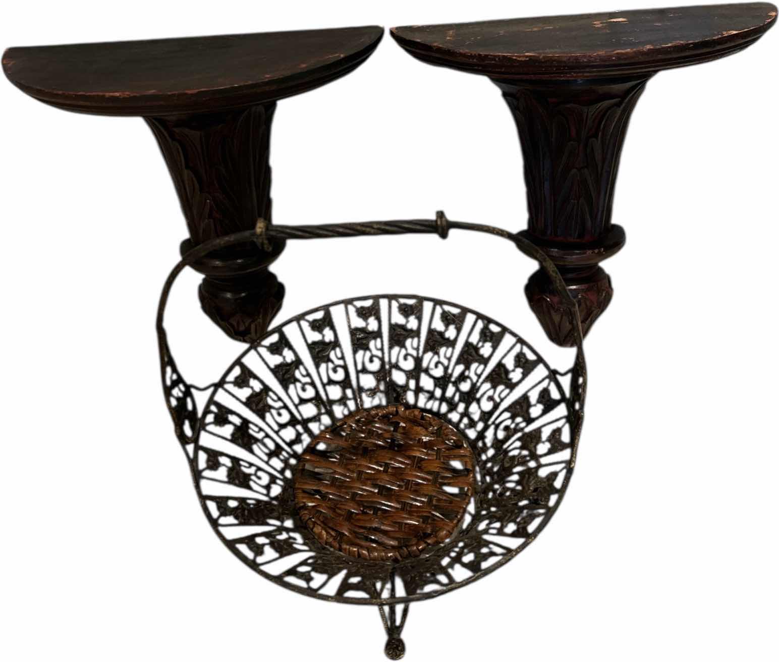 Photo 1 of 2 WOODEN WALL SCONCES  H12”AND METAL BASKET