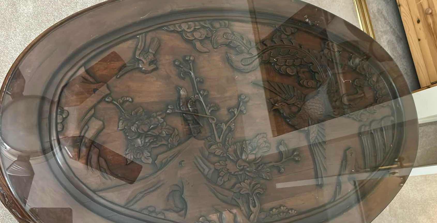 Photo 1 of ROSEWOOD CHINESE CARVED TEA TABLE W NESTING STOOLS AND GLASS TOP 47" X 29" H 22" 