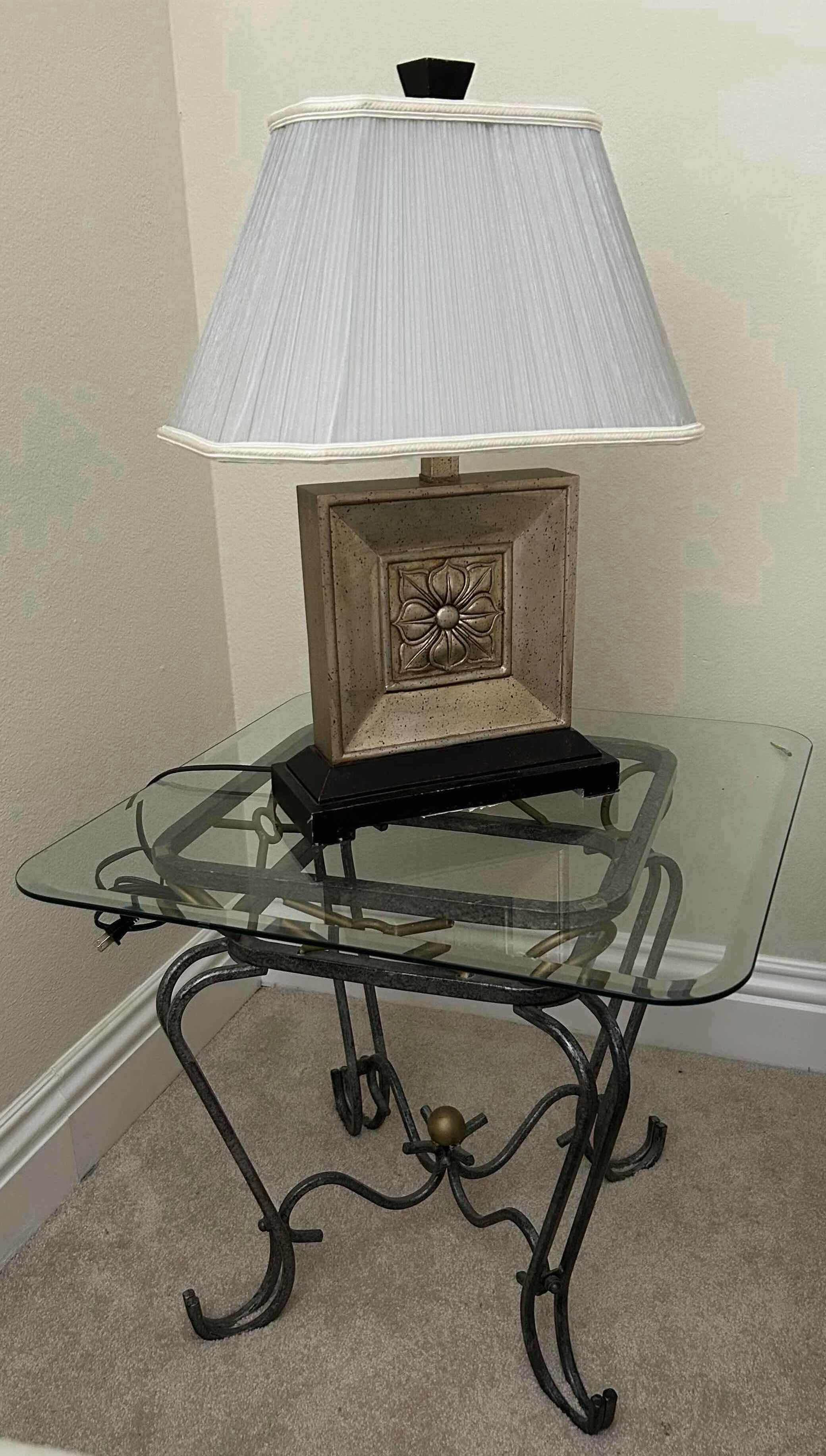 Photo 1 of METAL BASE GLASS TOP END TABLE W TABLE LAMP 23" X 22" H 20"