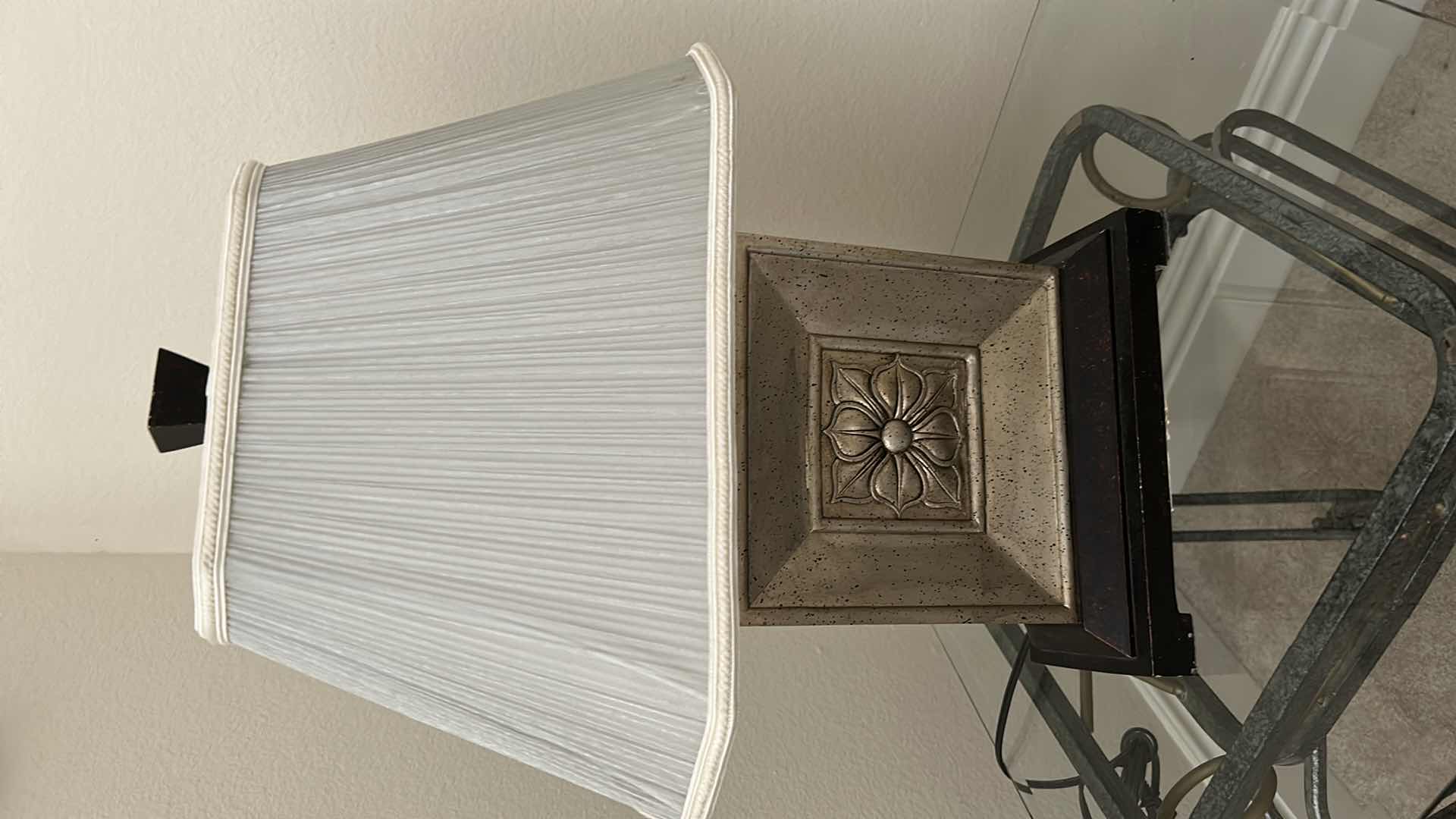 Photo 1 of METAL BASE GLASS TOP END TABLE W TABLE LAMP 23" X 22" H 20"