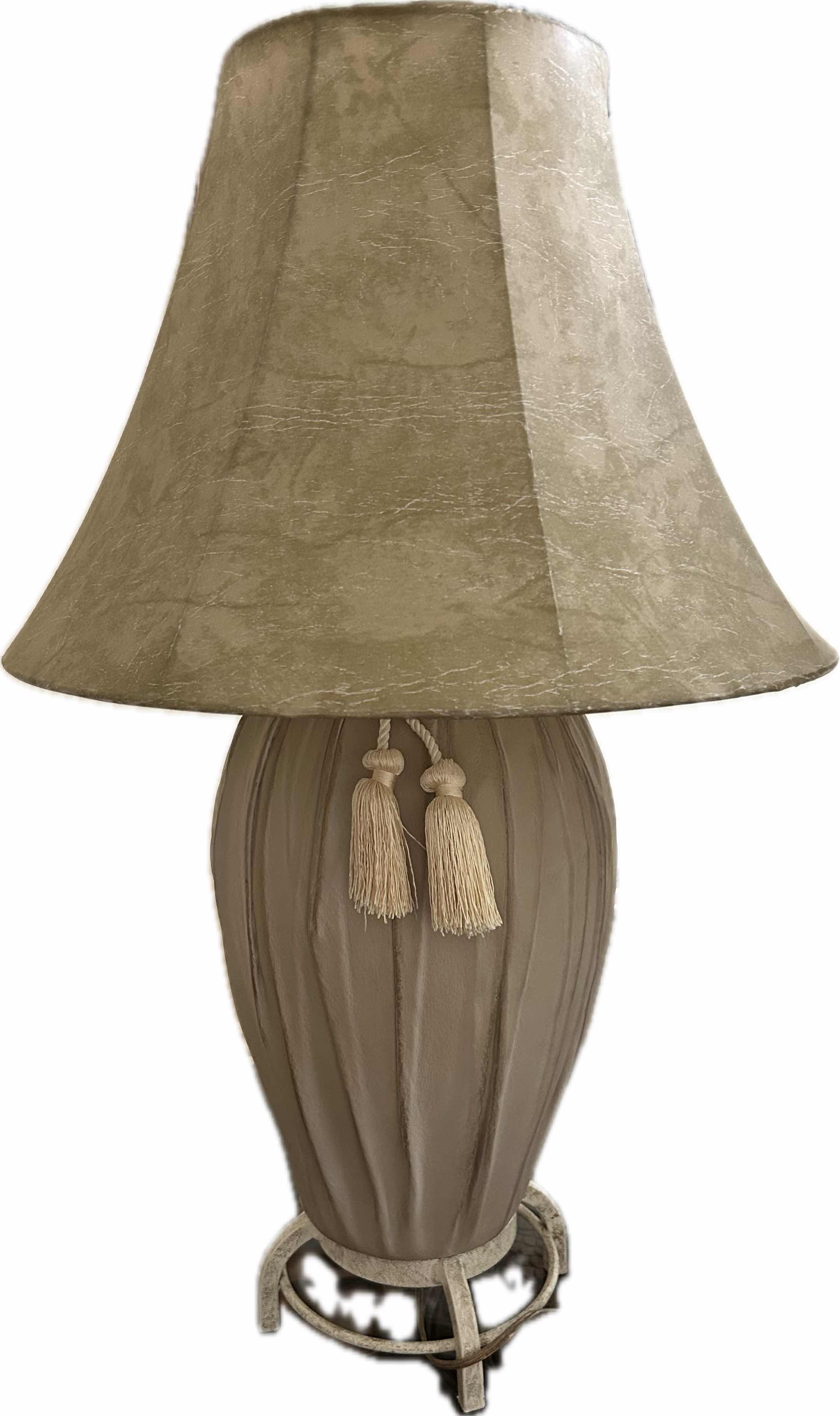 Photo 1 of BEIGE RESIN BASE TABLE LAMP W TEXTURED SHADE H30"