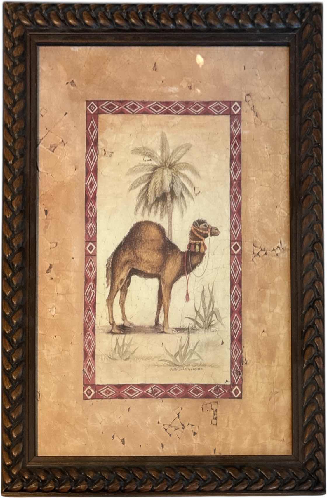 Photo 1 of 3- VINTAGE WOOD FRAMED PRINT ART FEATURING PALM TREES AND CAMEL 
W19” X L17” AND SMALLER

