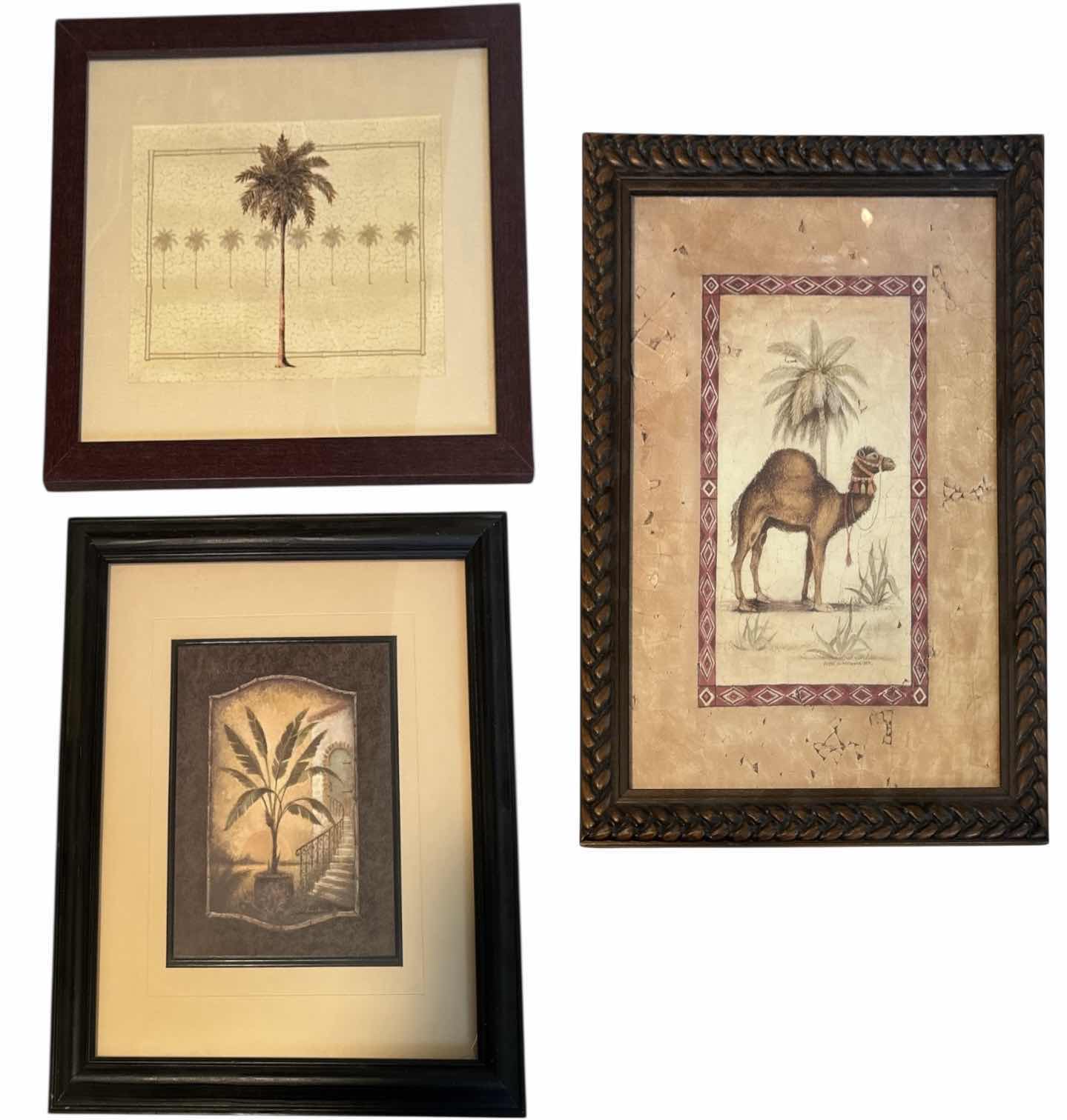 Photo 1 of 3- VINTAGE WOOD FRAMED PRINT ART FEATURING PALM TREES AND CAMEL 
W19” X L17” AND SMALLER

