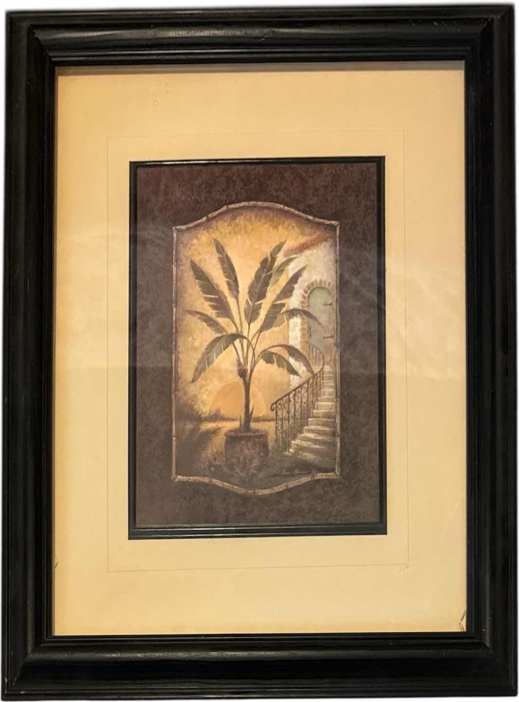 Photo 1 of 3- VINTAGE WOOD FRAMED PRINT ART FEATURING PALM TREES AND CAMEL 
W19” X L17” AND SMALLER

