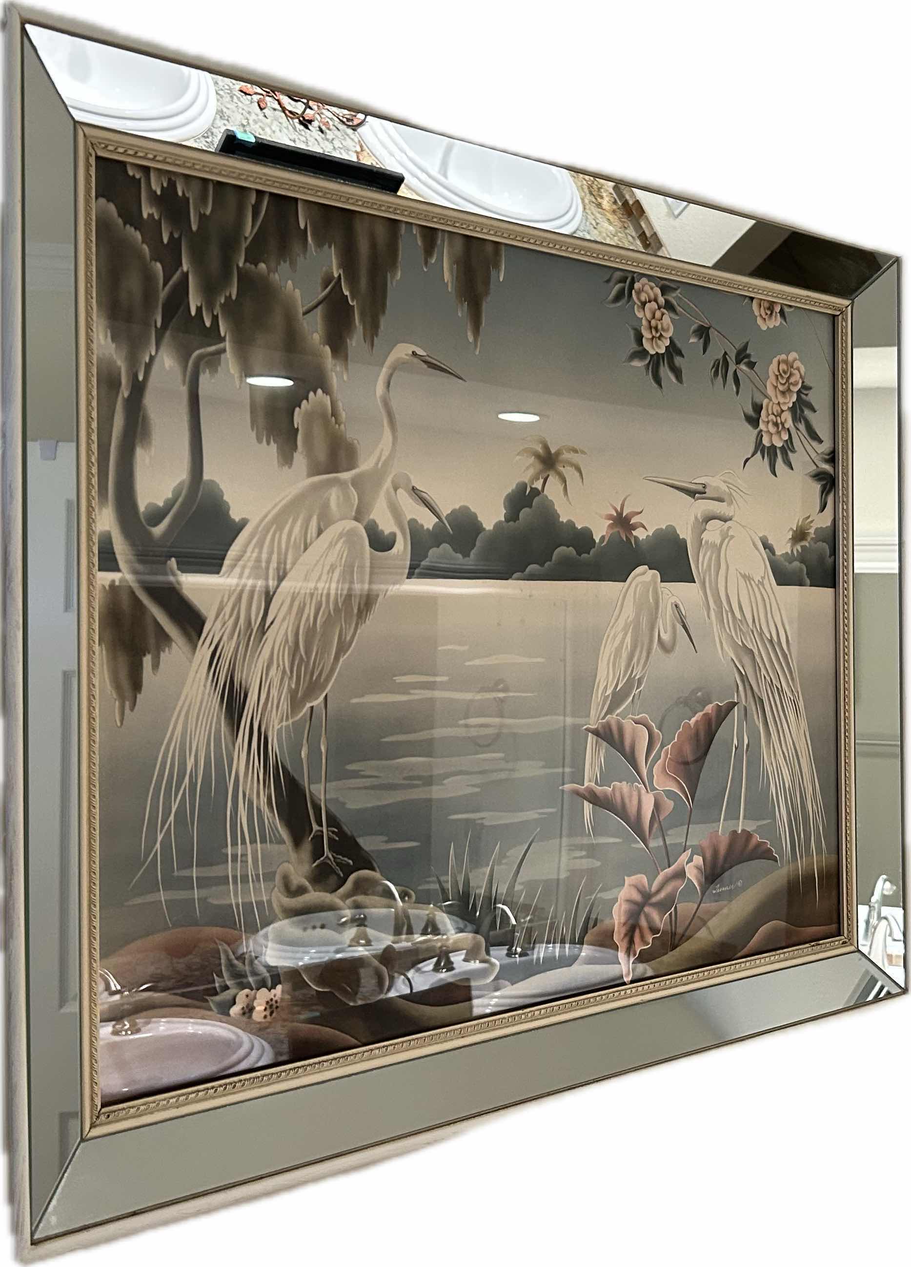Photo 1 of 1940 TROPICAL CRANE PRINT IN MIRROR FRAME 32" X 25"
