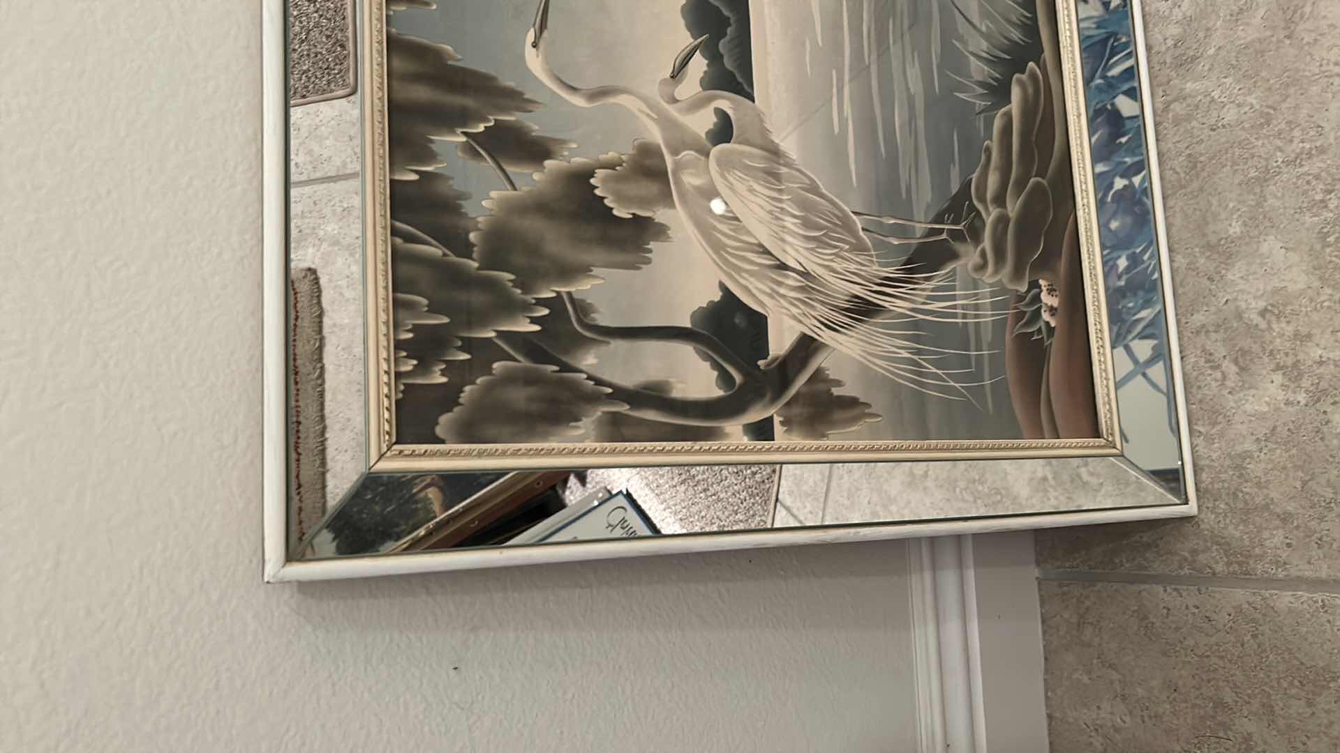 Photo 3 of 1940 TROPICAL CRANE PRINT IN MIRROR FRAME 32" X 25"