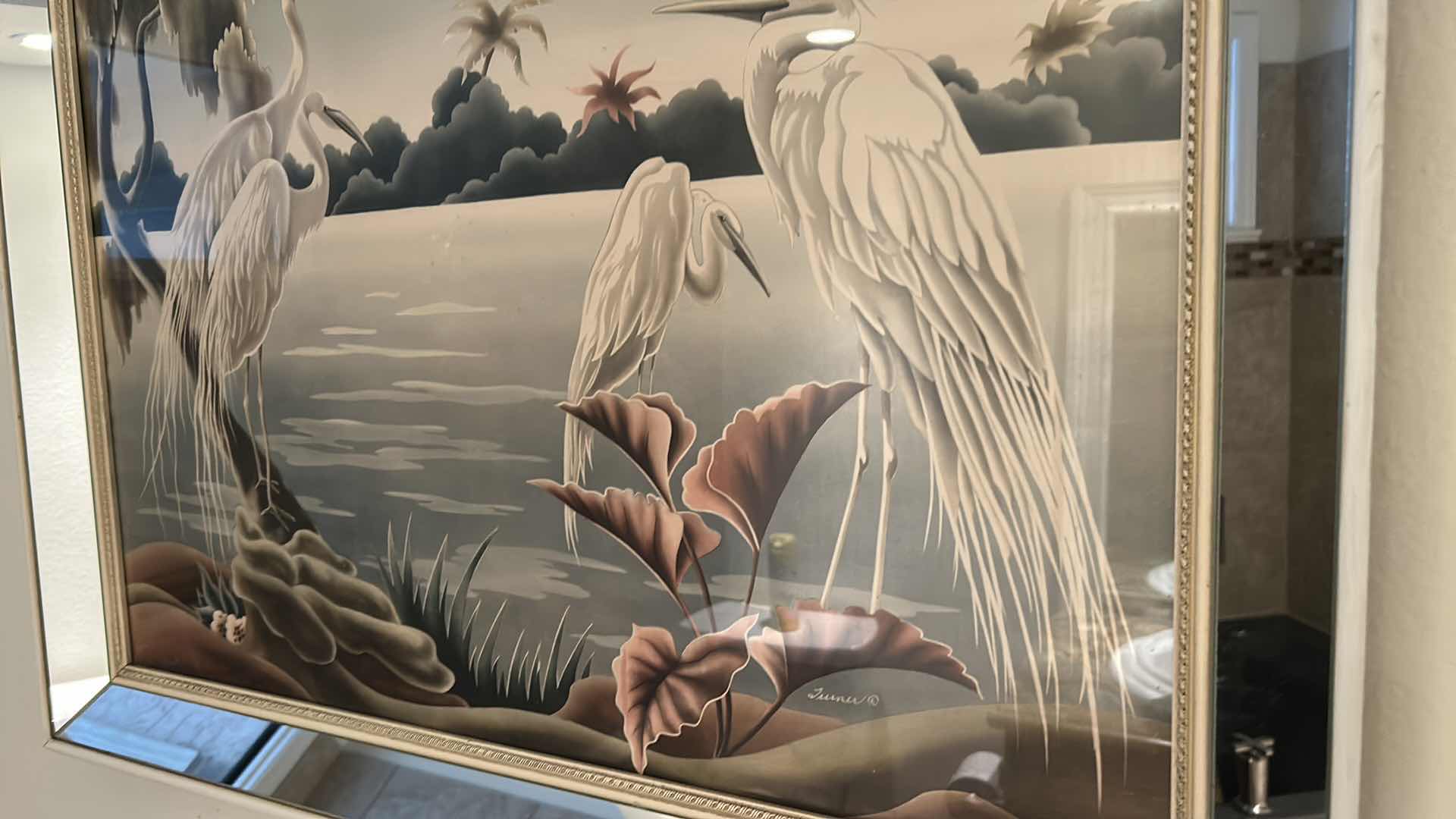 Photo 1 of 1940 TROPICAL CRANE PRINT IN MIRROR FRAME 32" X 25"