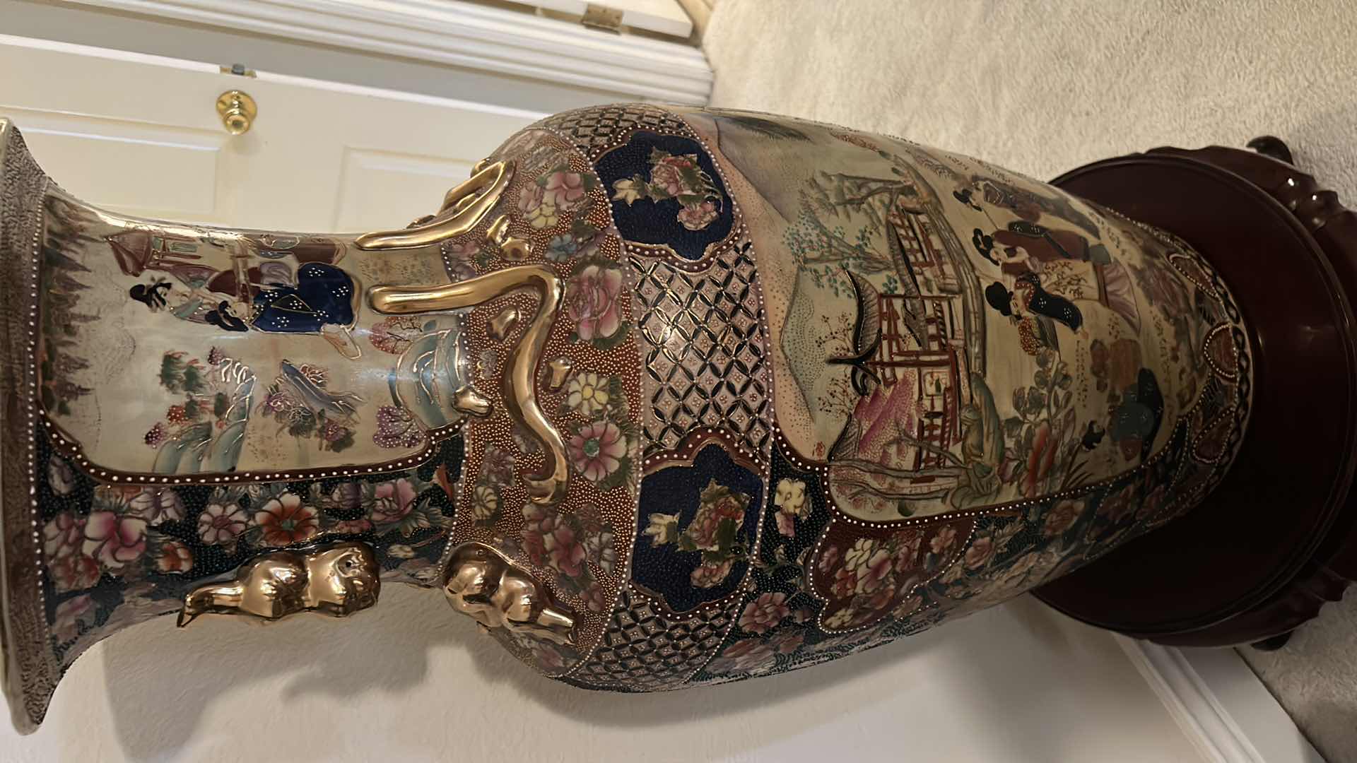 Photo 2 of CHINESE PORCELAIN SATSUMA STYLE FLOOR VASE  W WOOD PEDESTAL STAND H 37" 